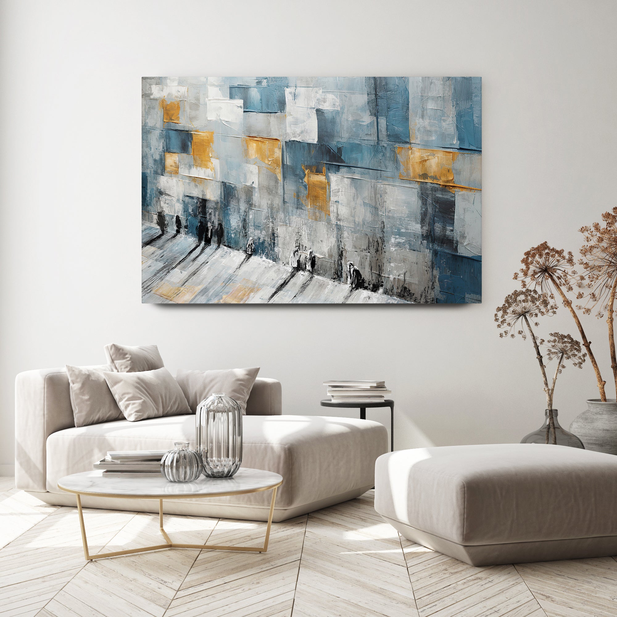 Avigdor Ben Ari - Prayers Woven in Color - Western Wall Judaica Art displayed stylishly in a modern living room, highlighting its spiritual and artistic essence.
