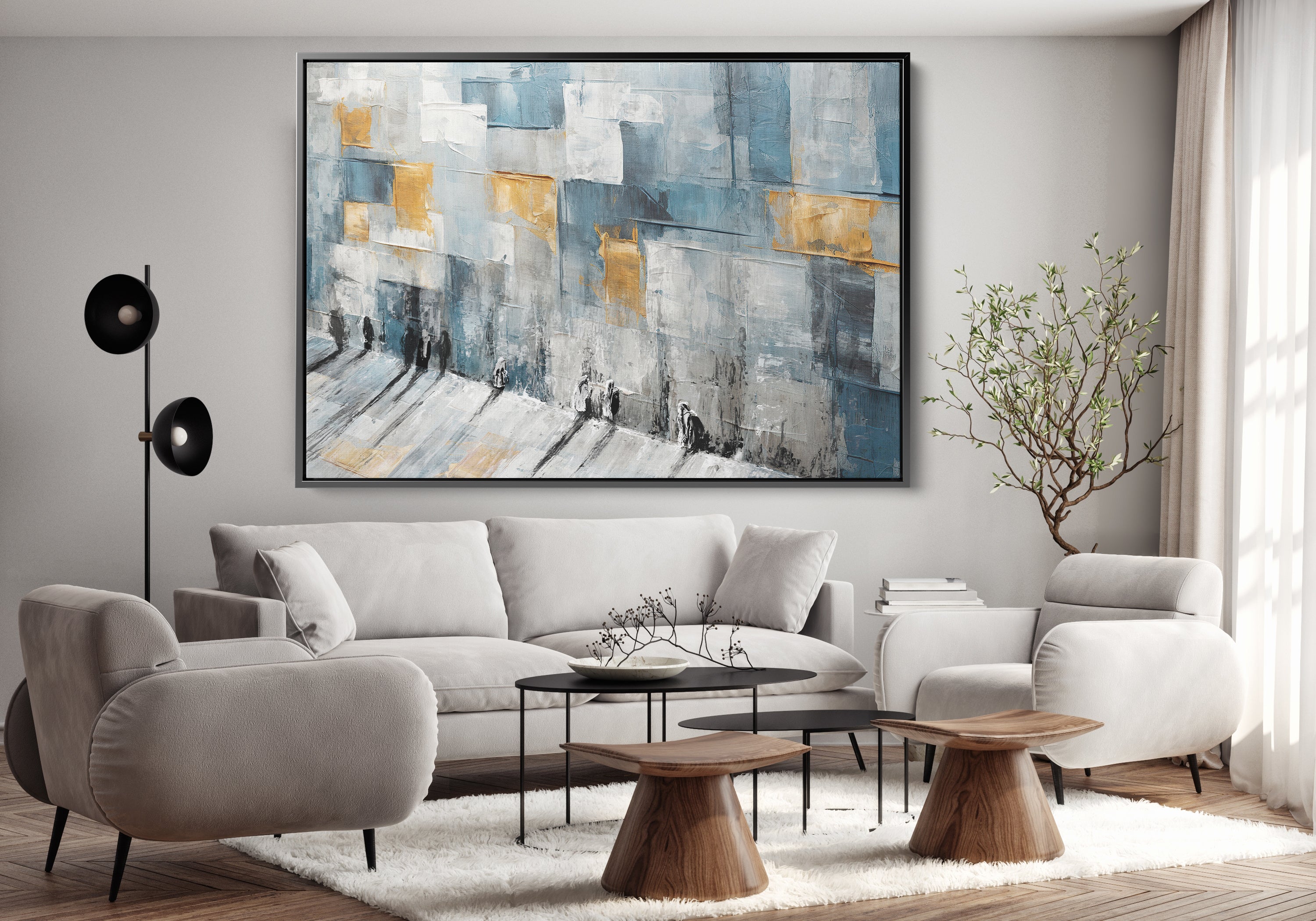 Avigdor Ben Ari's Prayers Woven in Color Western Wall Judaica Art, modern Jewish painting in a living room, featuring a large abstract wall art piece.
