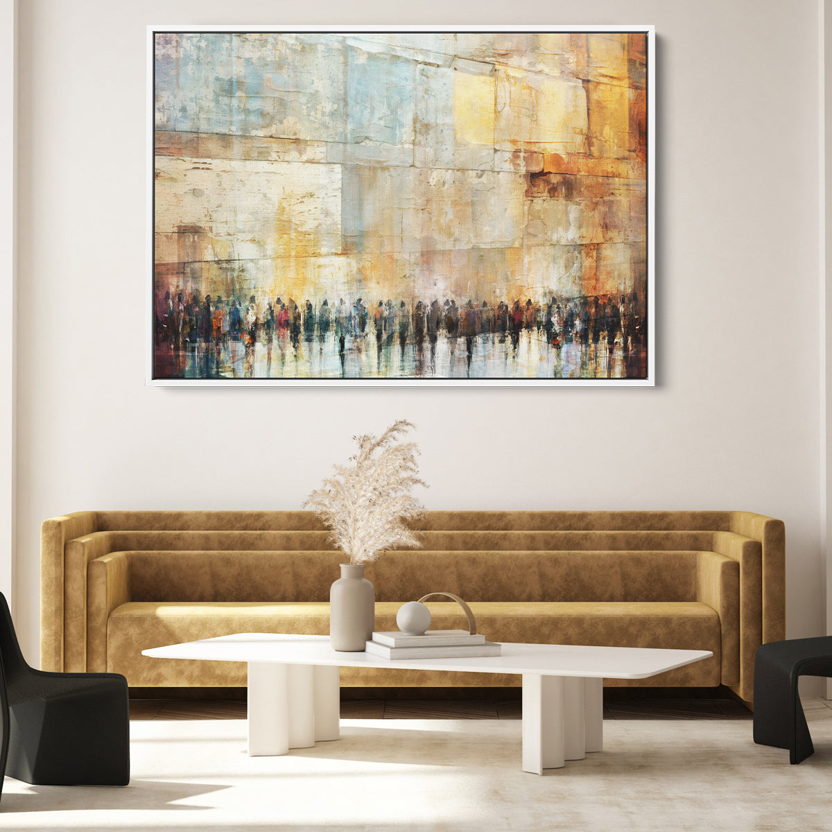 Echoes of Devotion, Contemporary Jewish Wall Art by Avigdor Ben-Ari, abstractly depicts the Western Wall, capturing its spiritual essence in vibrant modern style.