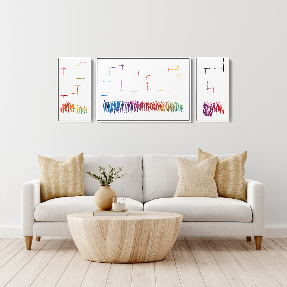 Kotel Vibrance, Modern Jewish Art Triptych by Avigdor Ben-Ari, depicting Jerusalem's Western Wall in a vibrant abstract style, displayed above a white couch with decor.