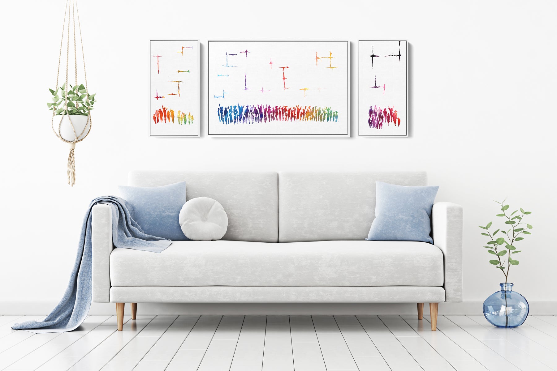 Kotel Vibrance, Modern Jewish Art Triptych of the Western Wall by Avigdor Ben-Ari, displayed in a stylish living room setting with a white couch.