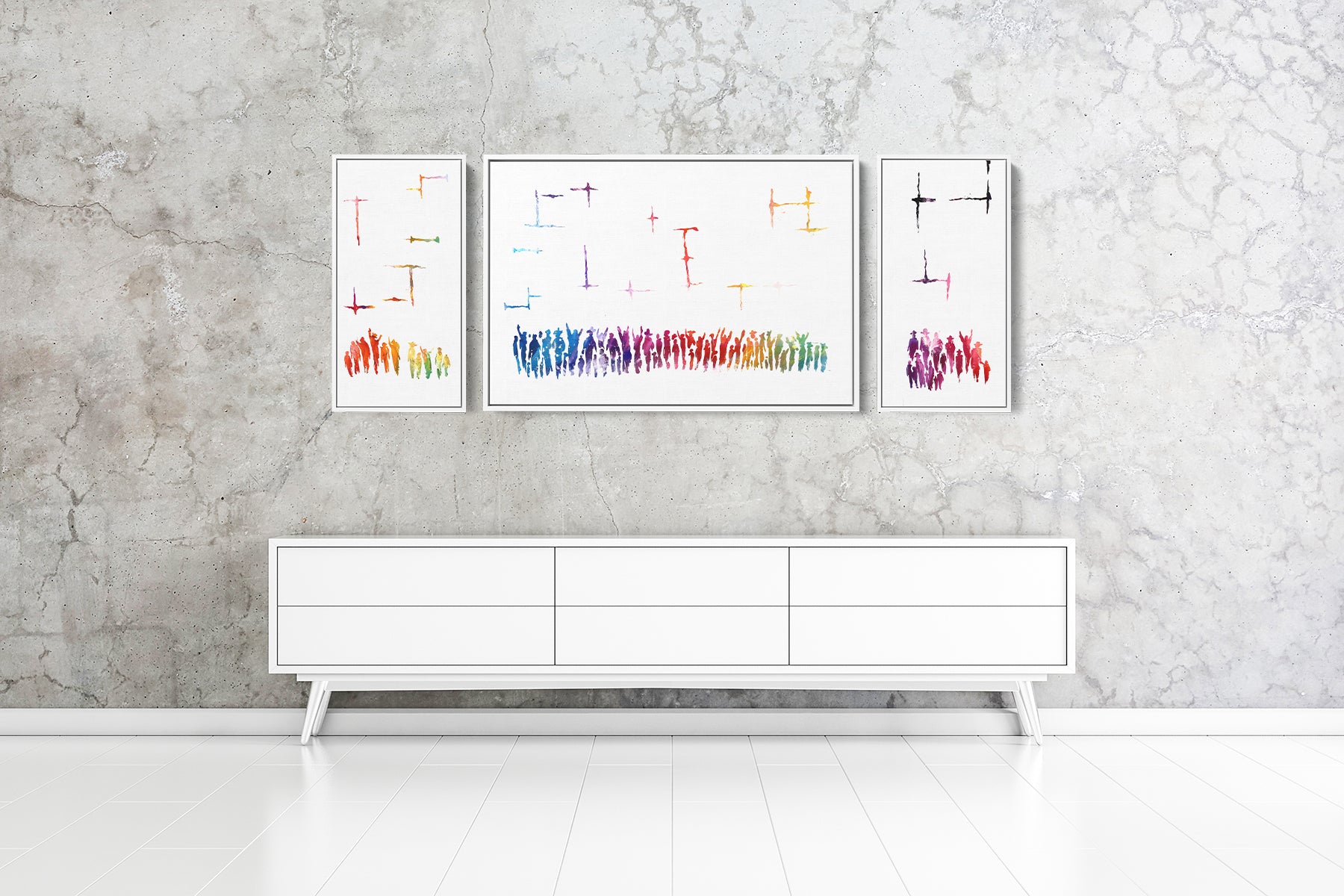 Kotel Vibrance, a modern triptych by Avigdor Ben-Ari, visually interprets Jerusalem's Western Wall with abstract panels on high-quality canvas.