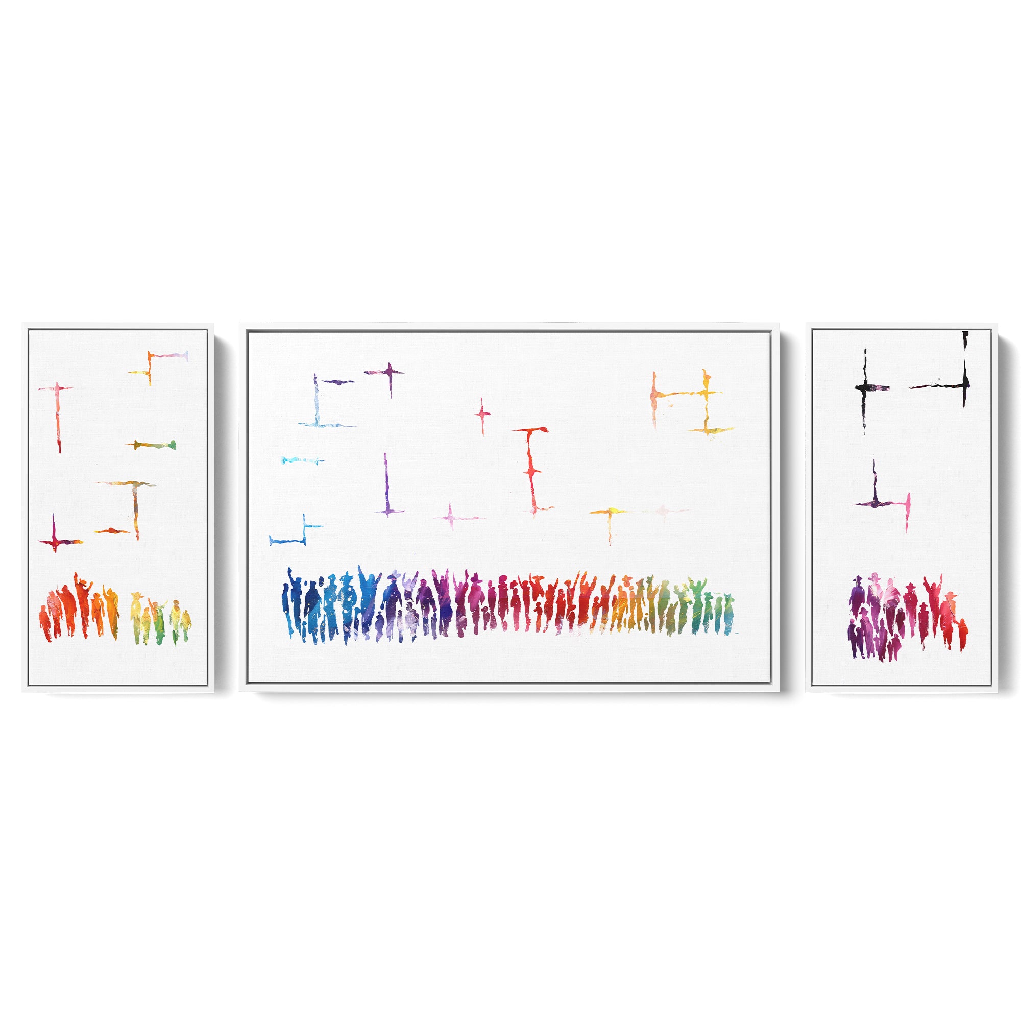 Kotel Vibrance, Modern Jewish Art Triptych by Avigdor Ben-Ari, showcasing abstract interpretations of the Western Wall, features three vibrant panels on a white background.