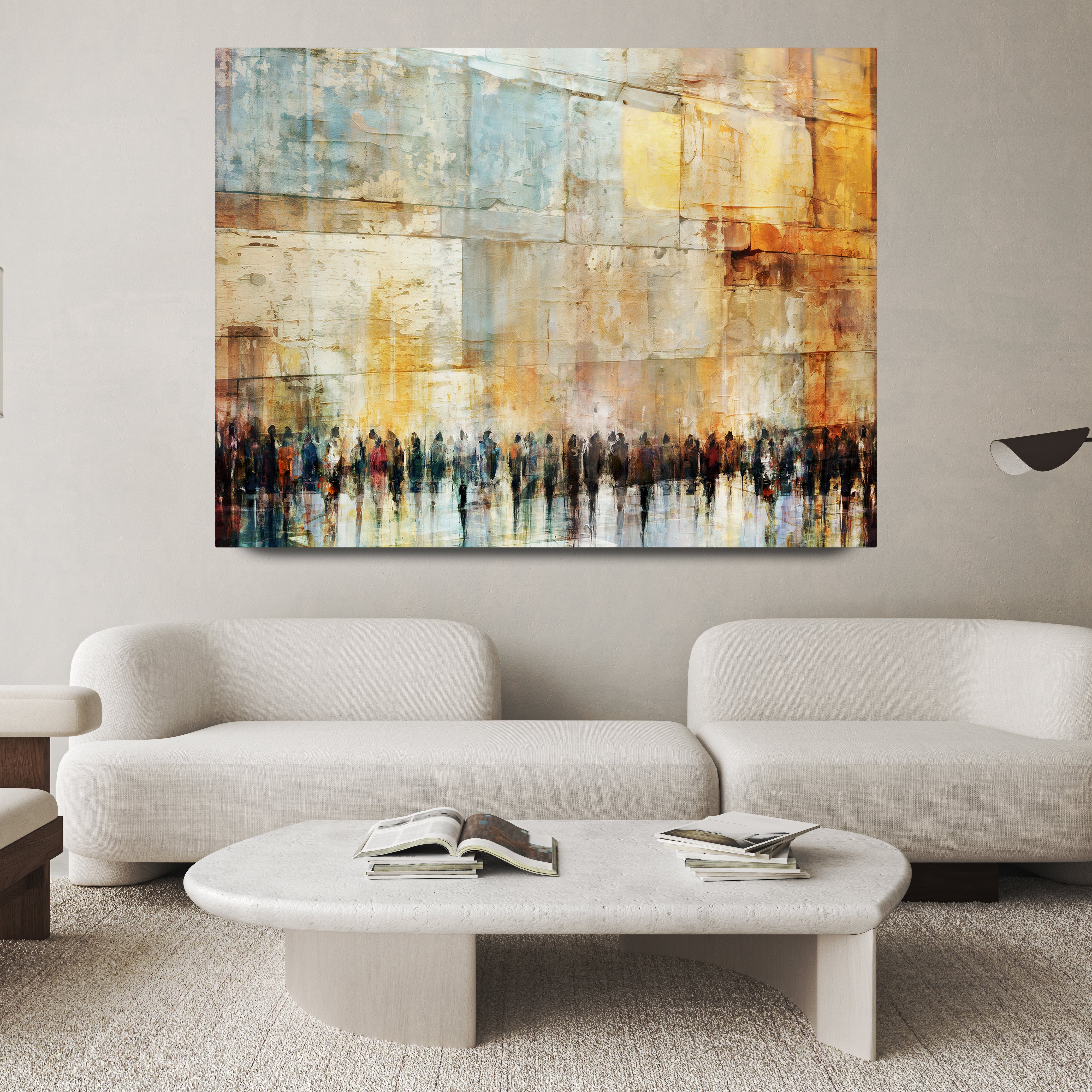 Echoes of Devotion, contemporary Jewish wall art by Avigdor Ben-Ari, featuring abstract depiction of the Western Wall, available on canvas or acrylic.