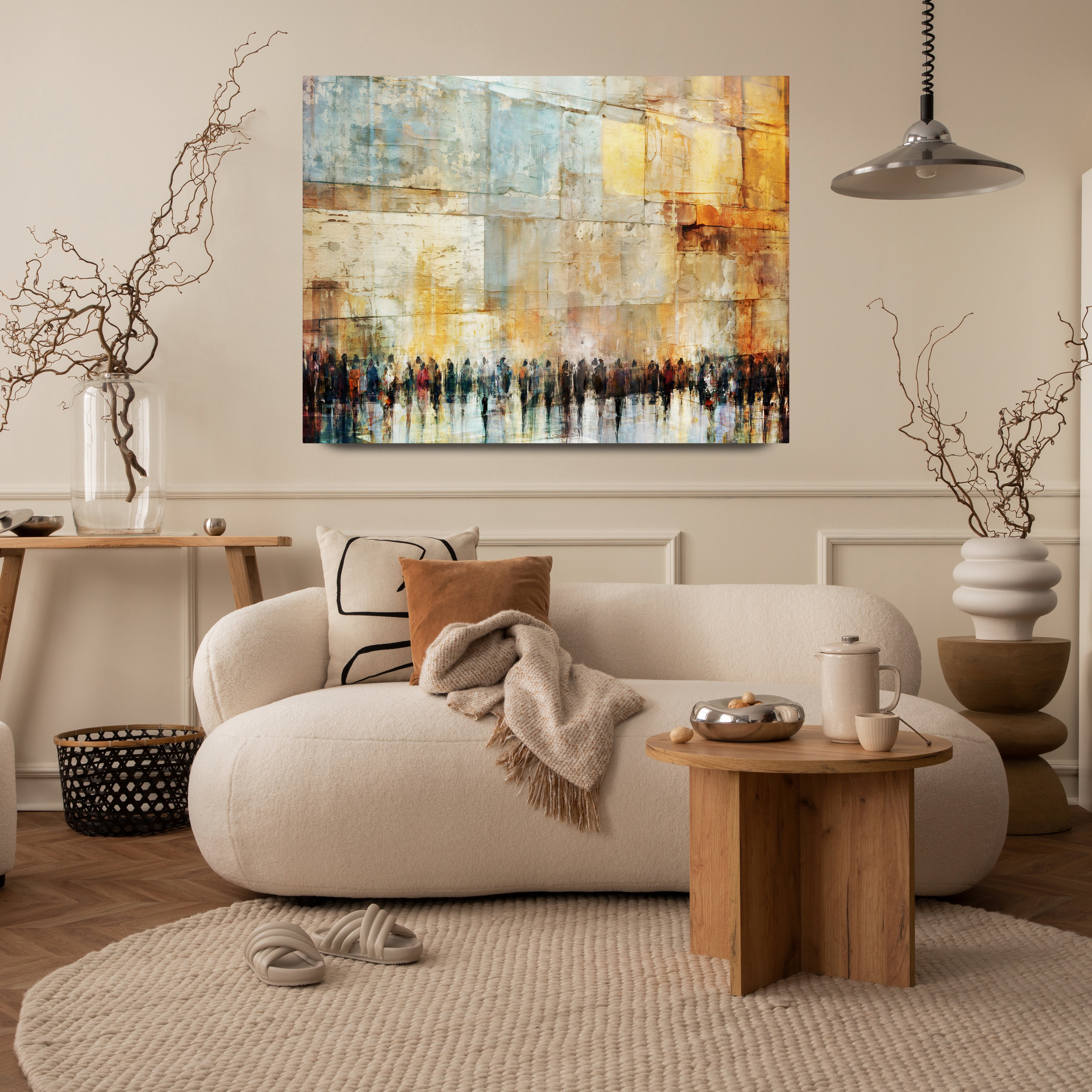 Echoes of Devotion, Contemporary Jewish Wall Art by Avigdor Ben-Ari, abstract portrayal of the Western Wall, displayed above a couch in a modern living room setting.