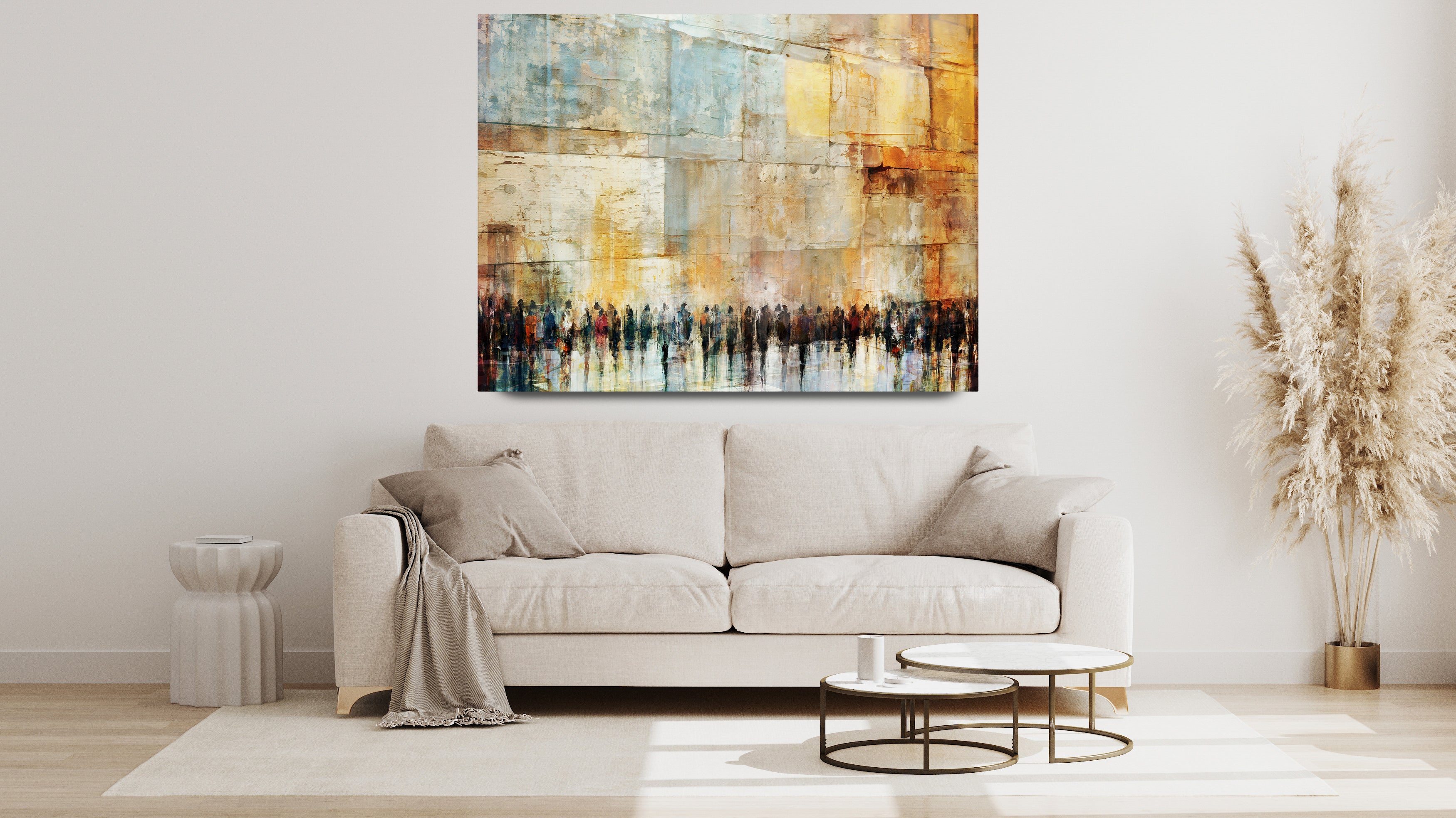 Echoes of Devotion, Contemporary Jewish Wall Art by Avigdor Ben-Ari, displayed above a white couch, captures an abstract vision of the Western Wall.