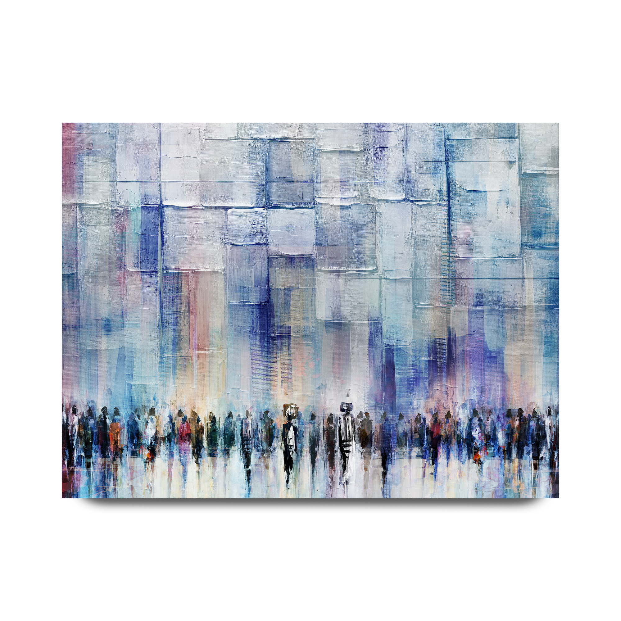 Serene Blessings, Light Blue Western Wall - Contemporary Jewish Wall Art by Avigdor Ben-Ari, features people in line, evoking peace and spirituality for modern Judaica collections.