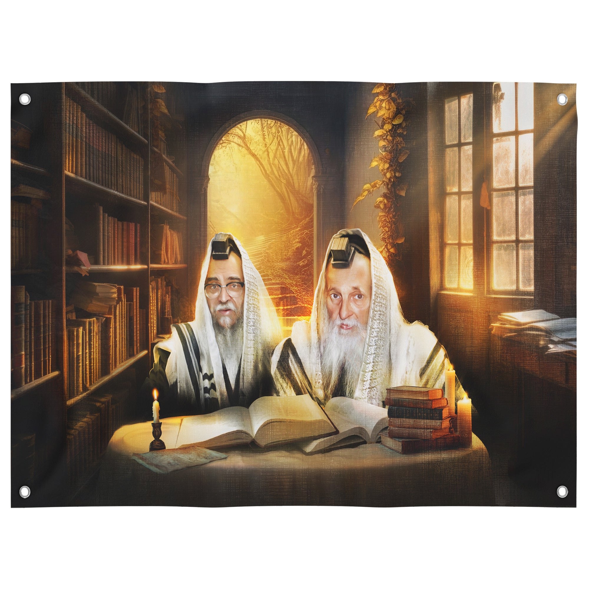 Satmar Rabbis studying Torah, ideal sukkah decoration, Sukkot holiday wall art, inspiring poster for sukkah.