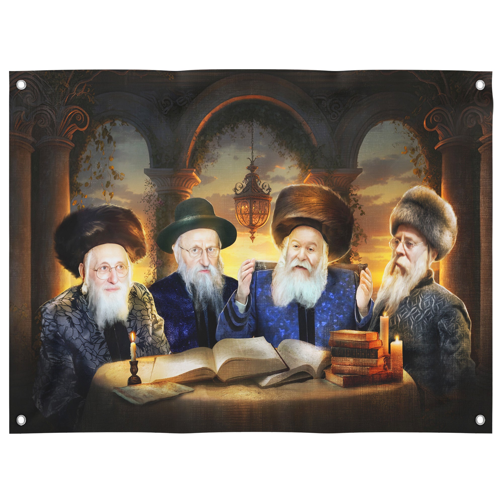Rabbinic figures study Torah at sunset, perfect for Sukkah decoration and holiday wall art for Sukkot.