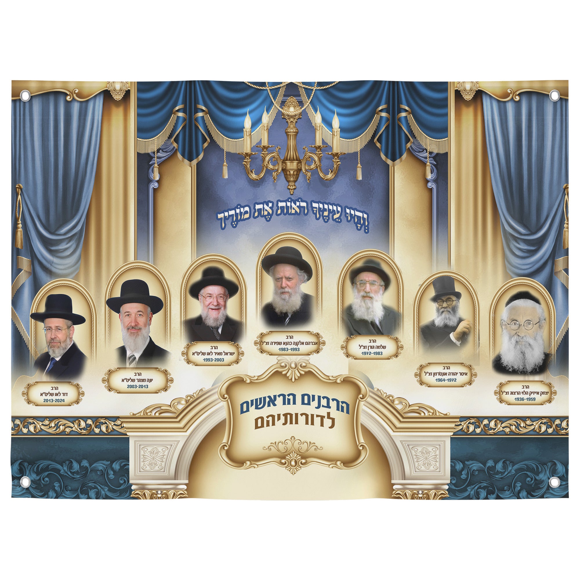 Portrait Collection of Israel’s Chief Ashkenaz Rabbis, featuring esteemed leaders in hats, ideal for enhancing your Sukkah with spiritual and historical depth.