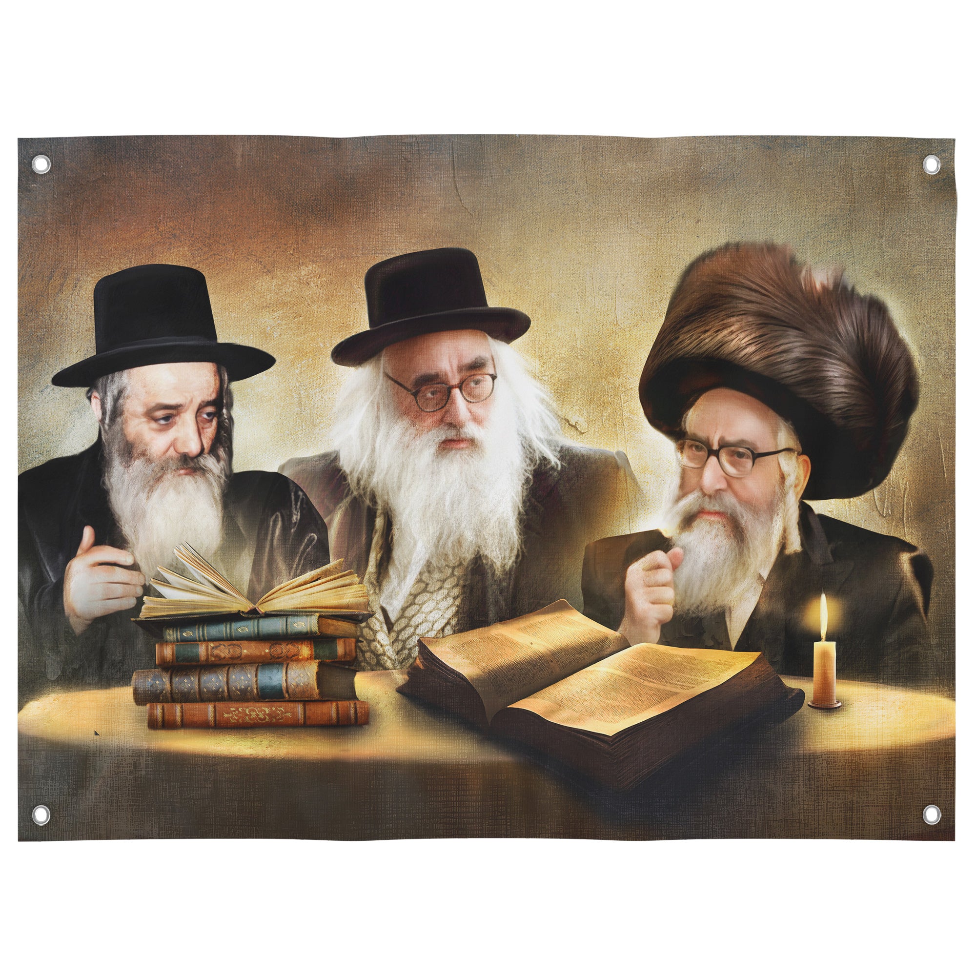 Vizhnitz Rabbis engaged in Torah study, perfect sukkah decoration and Sukkot decor, holiday wall art.