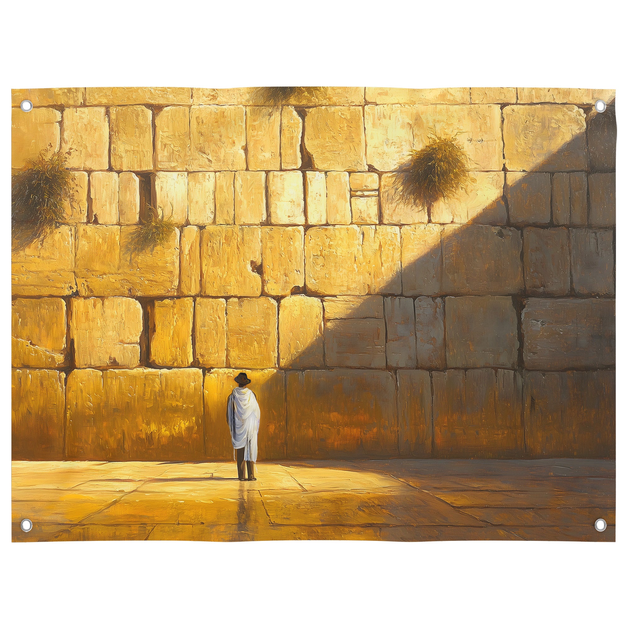 Western Wall prayer poster, ideal Sukkot decor and holiday wall art for sukkah, featuring spiritual scene.