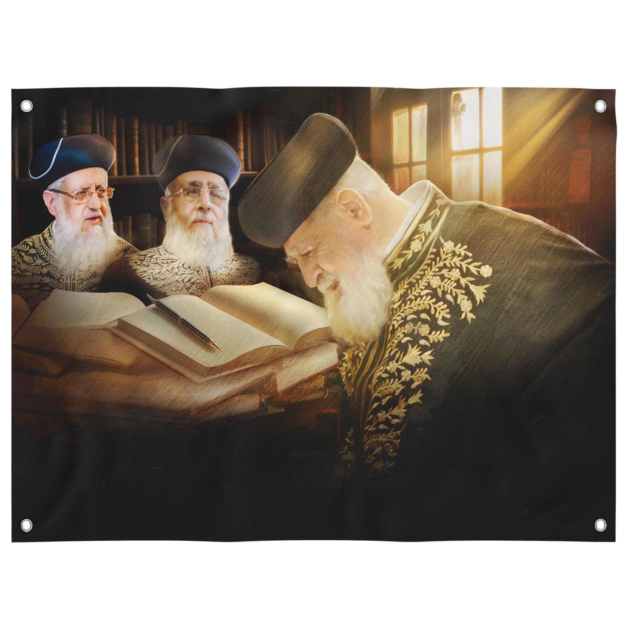 Sukkah Décor - Rabbi Ovadia Yosef & Sons Learning Torah Poster, featuring the rabbis in profound study, ideal for enriching your Sukkot with spiritual warmth.