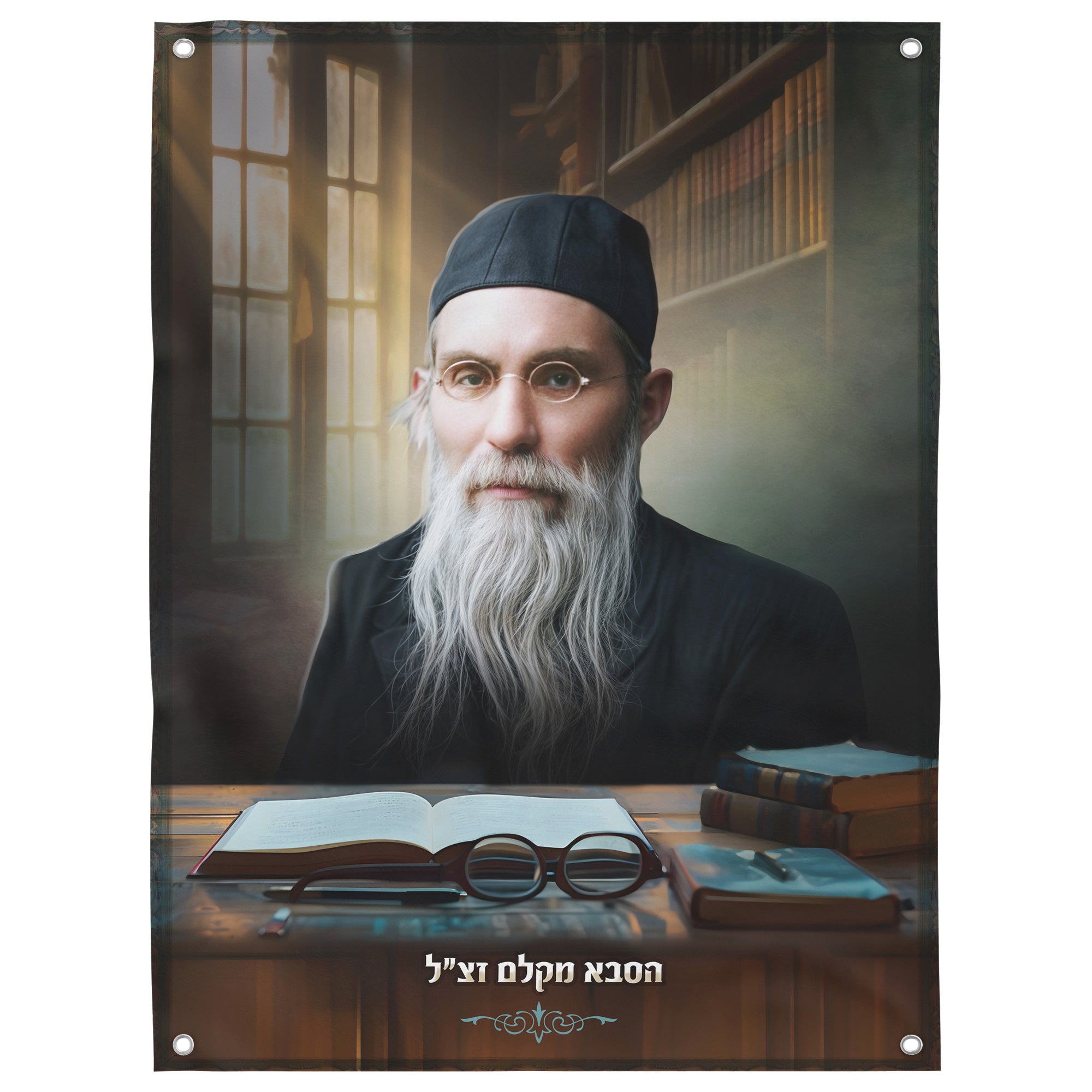 Sukkah Decoration – Portrait of Saba of Kelem, featuring Rabbi Simcha Zissel Ziv, ideal for enhancing spiritual ambiance during Sukkot.