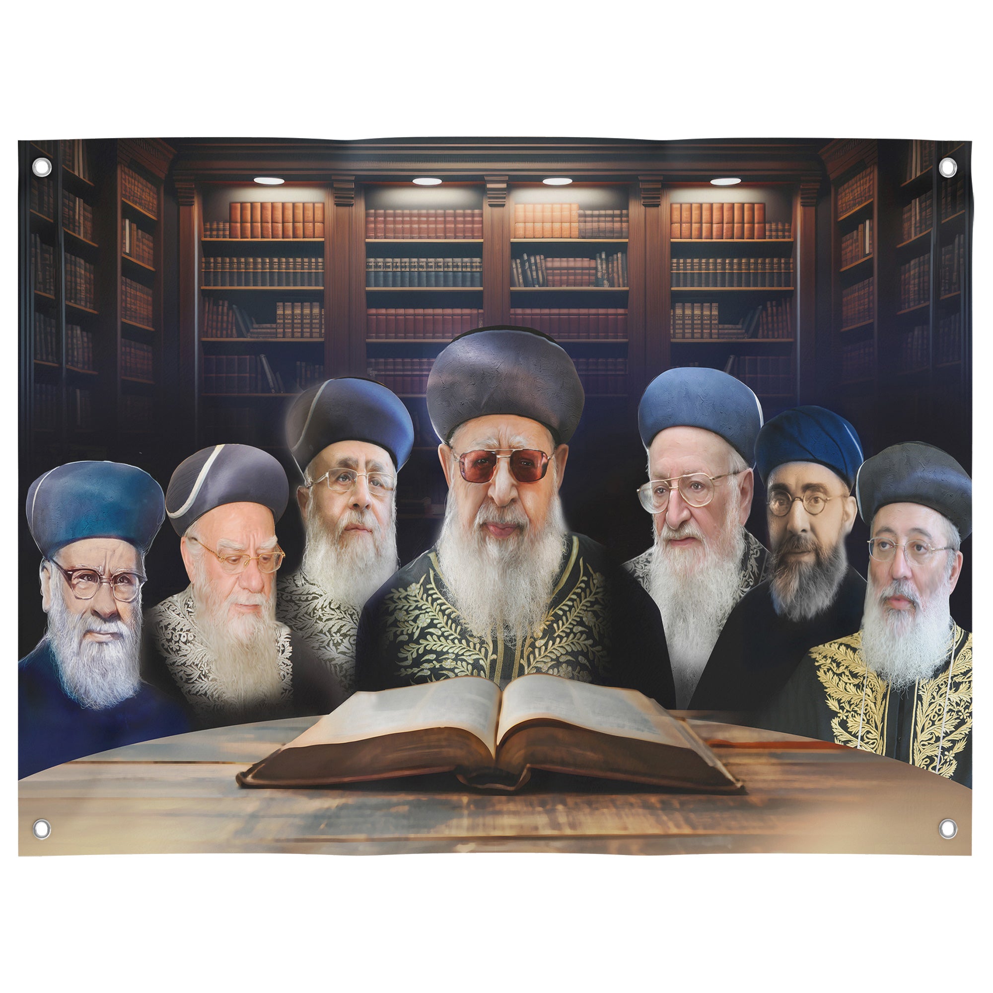 Portrait Collection of Sephardic Chief Rabbis of Israel – Alternate Design, featuring bearded rabbis reading a book, ideal for Sukkah decoration.