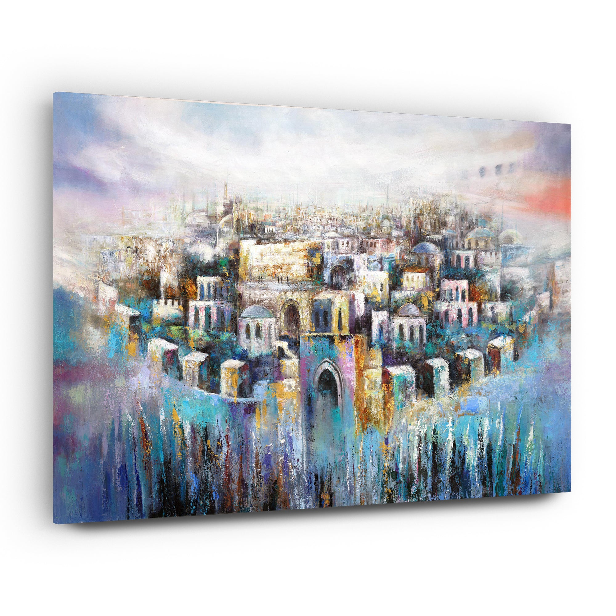Jerusalem in Heart - Modern Jewish Art depicting Jerusalem's old city in abstract blue and purple, by Yossi Bitton, on acrylic glass.