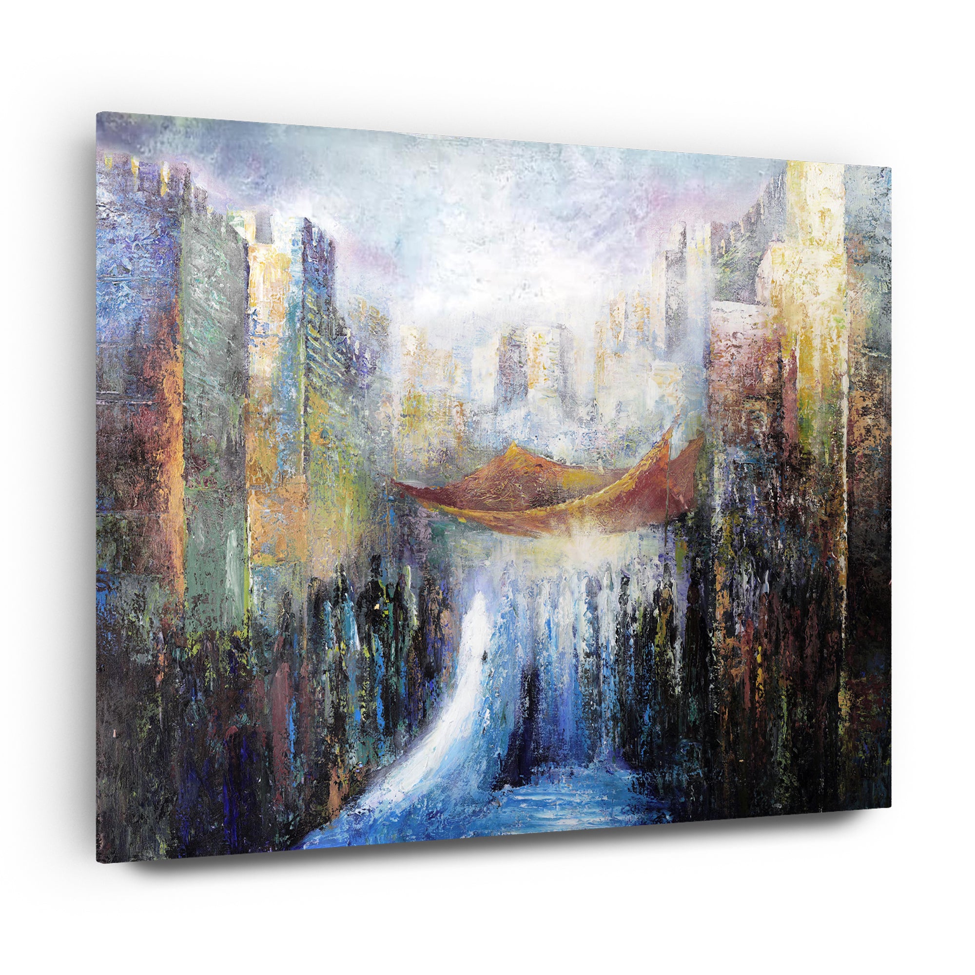 Wedding in Jerusalem - Jewish Chuppa Ceremony Art by Yossi Bitton, an acrylic painting depicting a vibrant Jewish wedding in Jerusalem, featuring a detailed Chuppa scene.