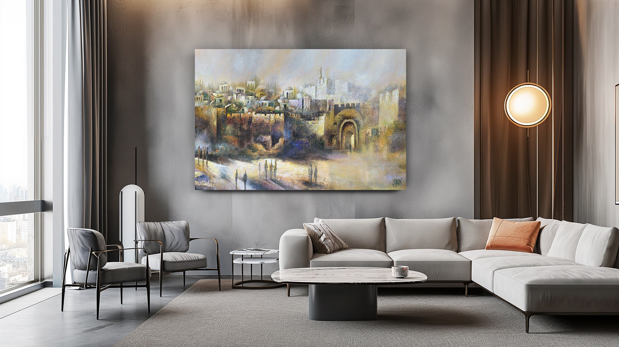 Eden - Jerusalem Landscape by Yossi Biton, a painting capturing Jerusalem's serene beauty, displayed in a modern living room, enhancing the space's spiritual ambiance.