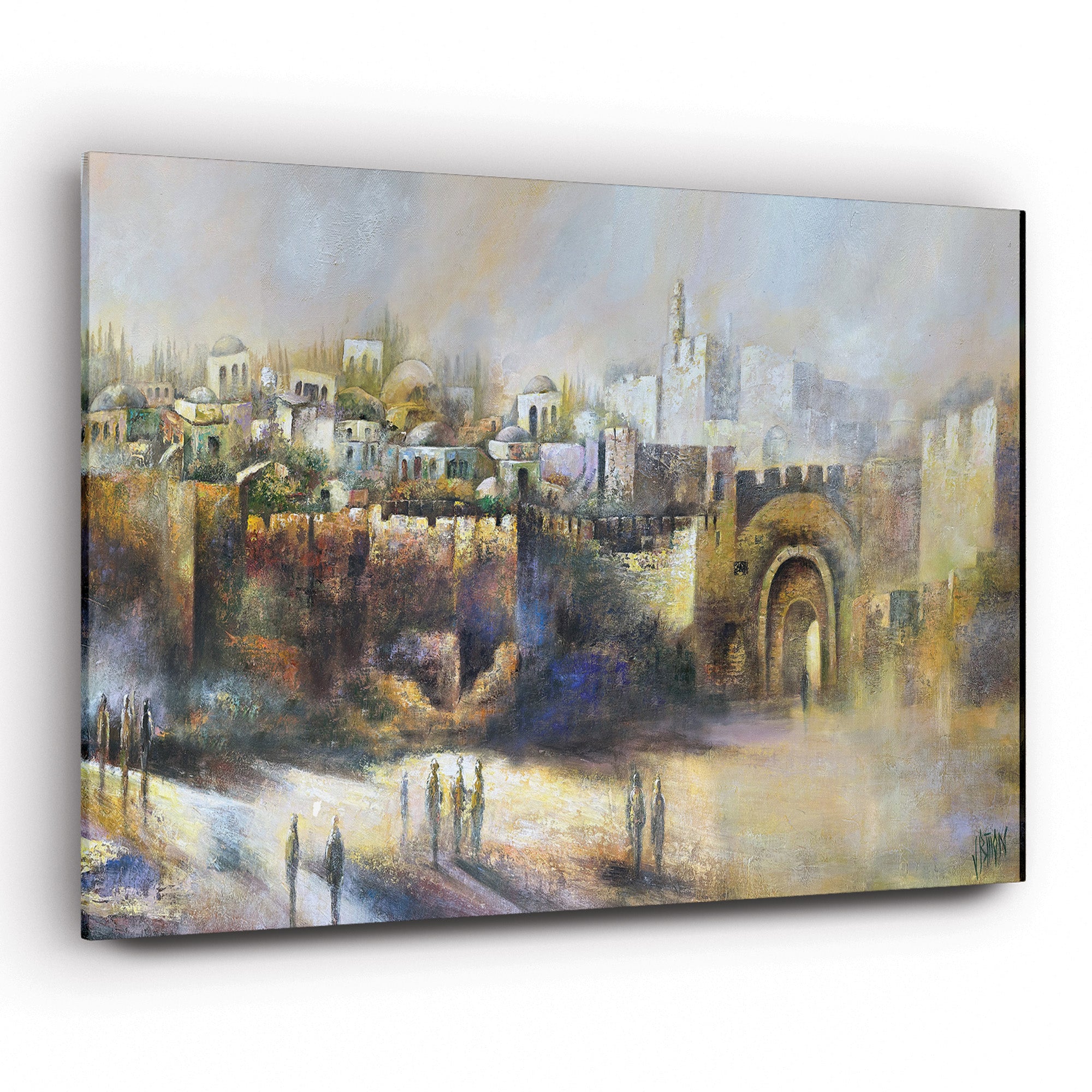 Eden - Jerusalem Landscape by Yossi Biton, a painting depicting a serene cityscape with people walking, emphasizing Jerusalem's architectural beauty and spiritual atmosphere.
