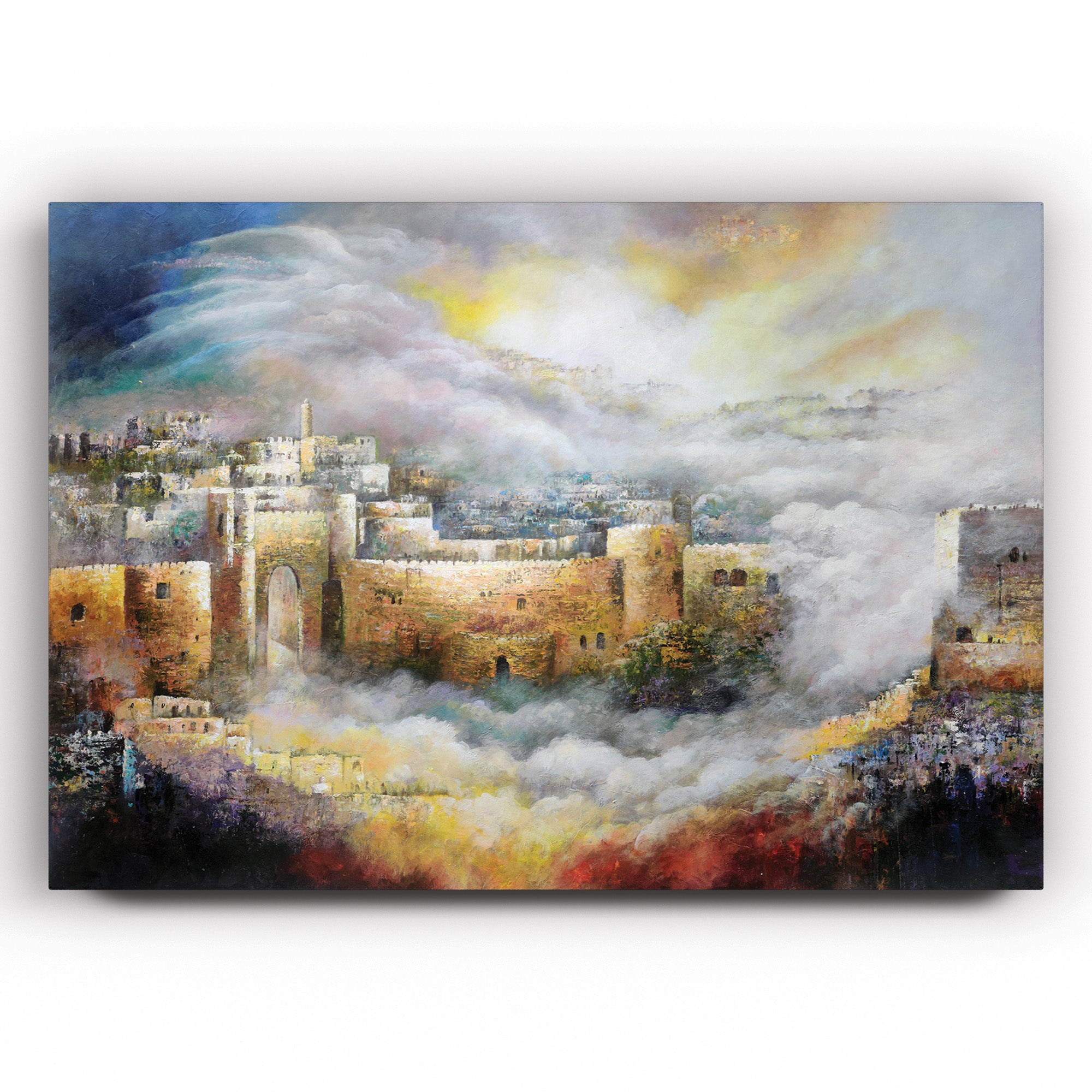 Jerusalem of Gold by Yossi Biton, a painting depicting Jerusalem's golden landscape, capturing the city's spiritual essence in a modern art style.