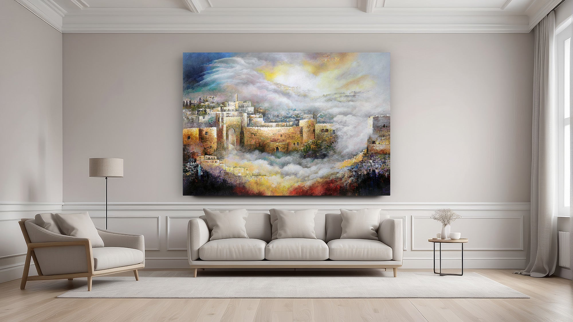 Jerusalem of Gold by Yossi Biton, a painting depicting Jerusalem in golden hues, displayed above a white couch in a living room setting.