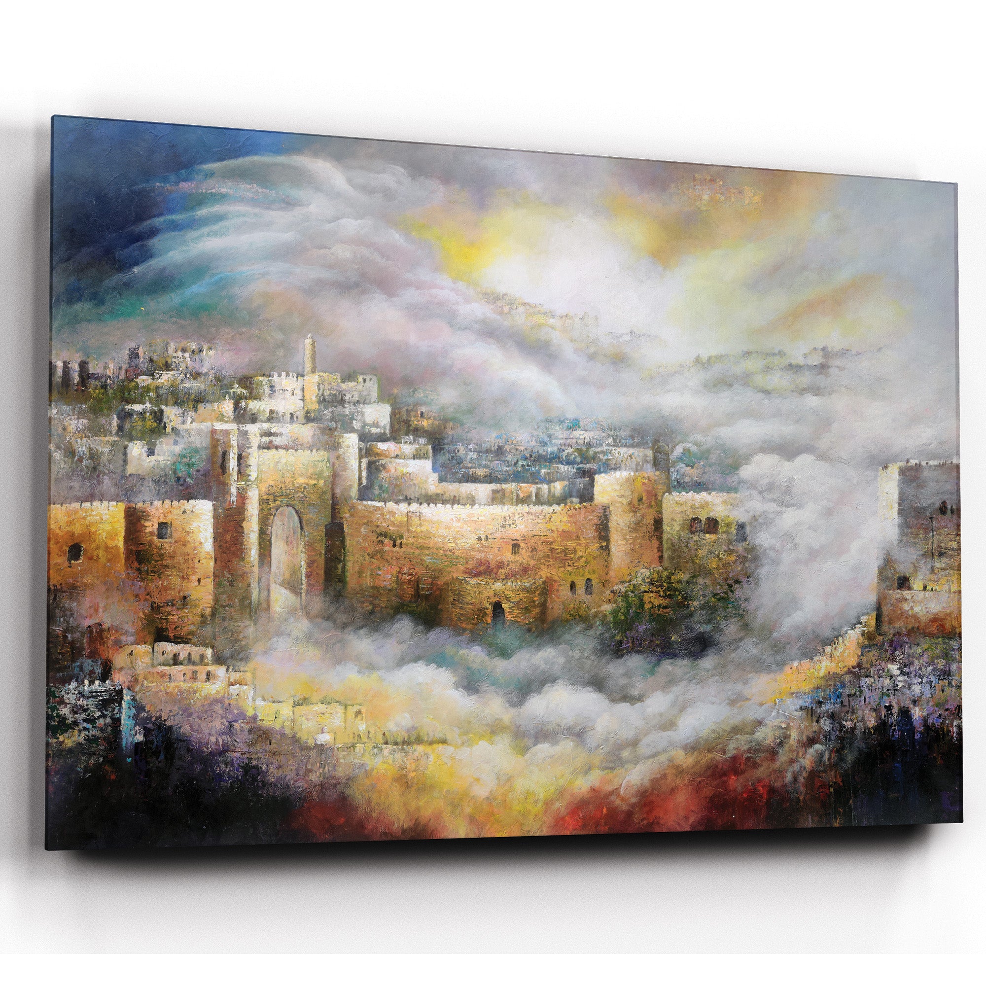 Jerusalem of Gold - Jerusalem Landscape by Yossi Biton: A painting of a majestic castle in the clouds, reflecting Jerusalem's historical and spiritual essence.