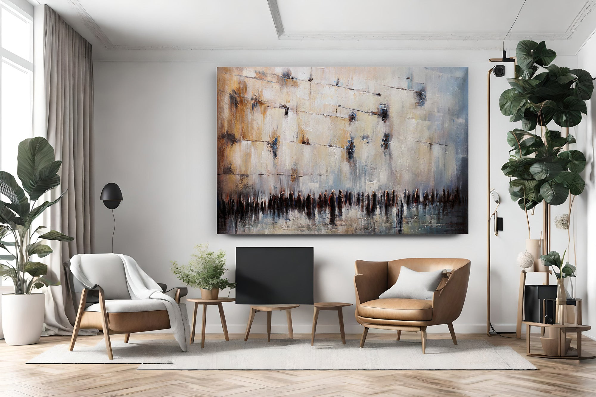 Jerusalem Heartbeat - Abstract Western Wall Art by Yossi Bitton displayed in a modern living room, highlighting its spiritual and historical essence.