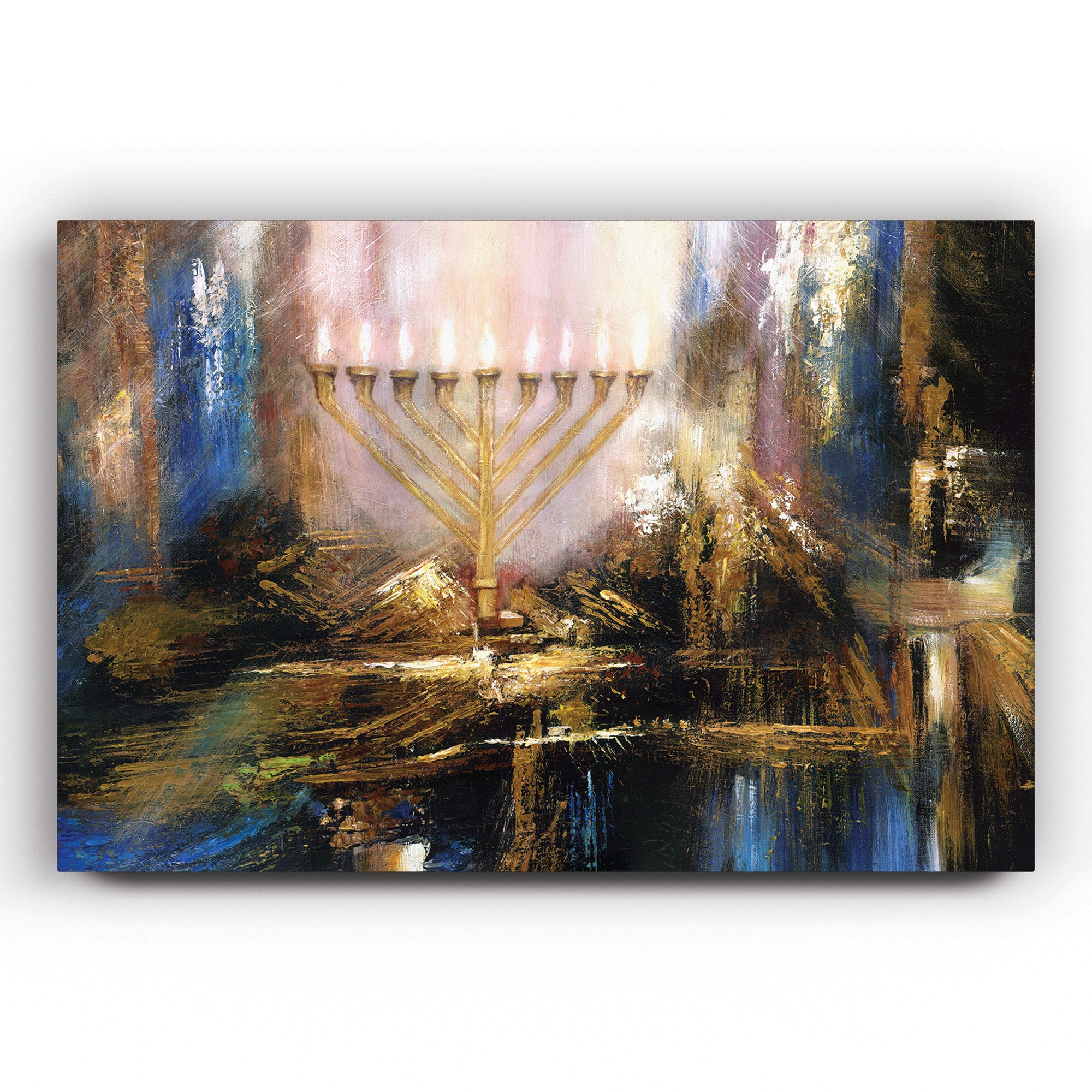 Luminous Abstraction - Menorah Art by Yossi Biton, an abstract painting capturing the Menorah's spiritual essence in radiant, modern forms.