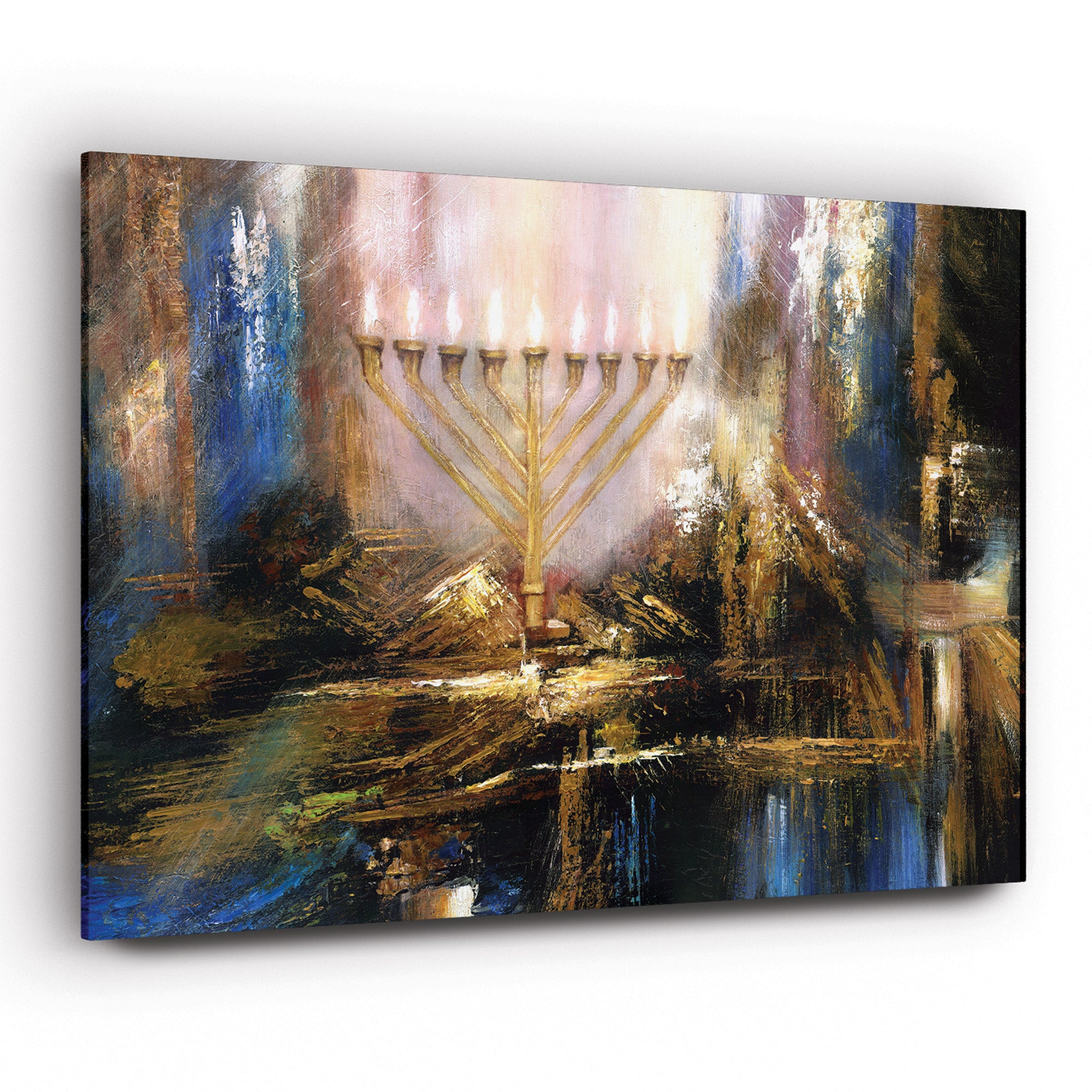 Luminous Abstraction - Menorah Art by Yossi Biton, showcasing an abstract menorah painting, blending traditional symbolism with modern artistry.