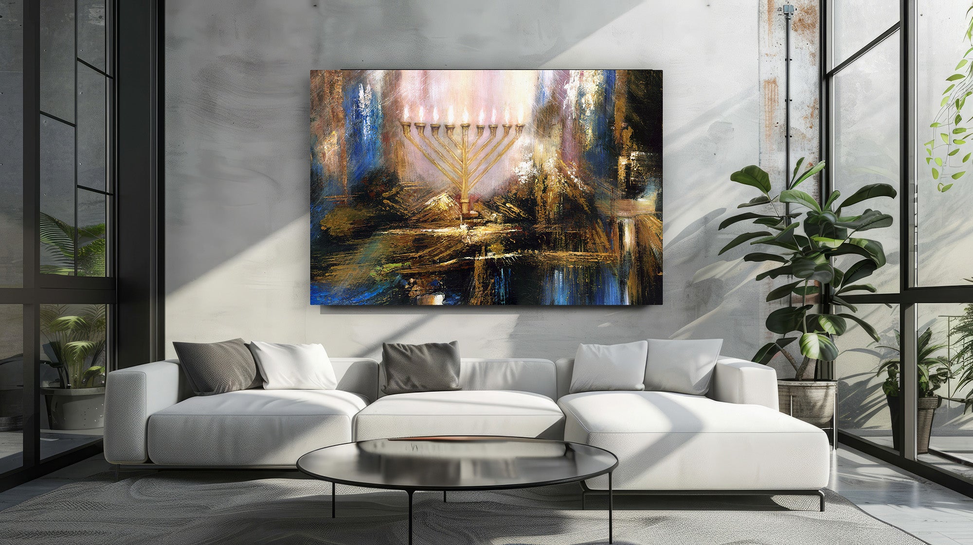 Luminous Abstraction - Menorah Art by Yossi Biton, featuring an abstract menorah painting on a wall, ideal for homes and sacred spaces.