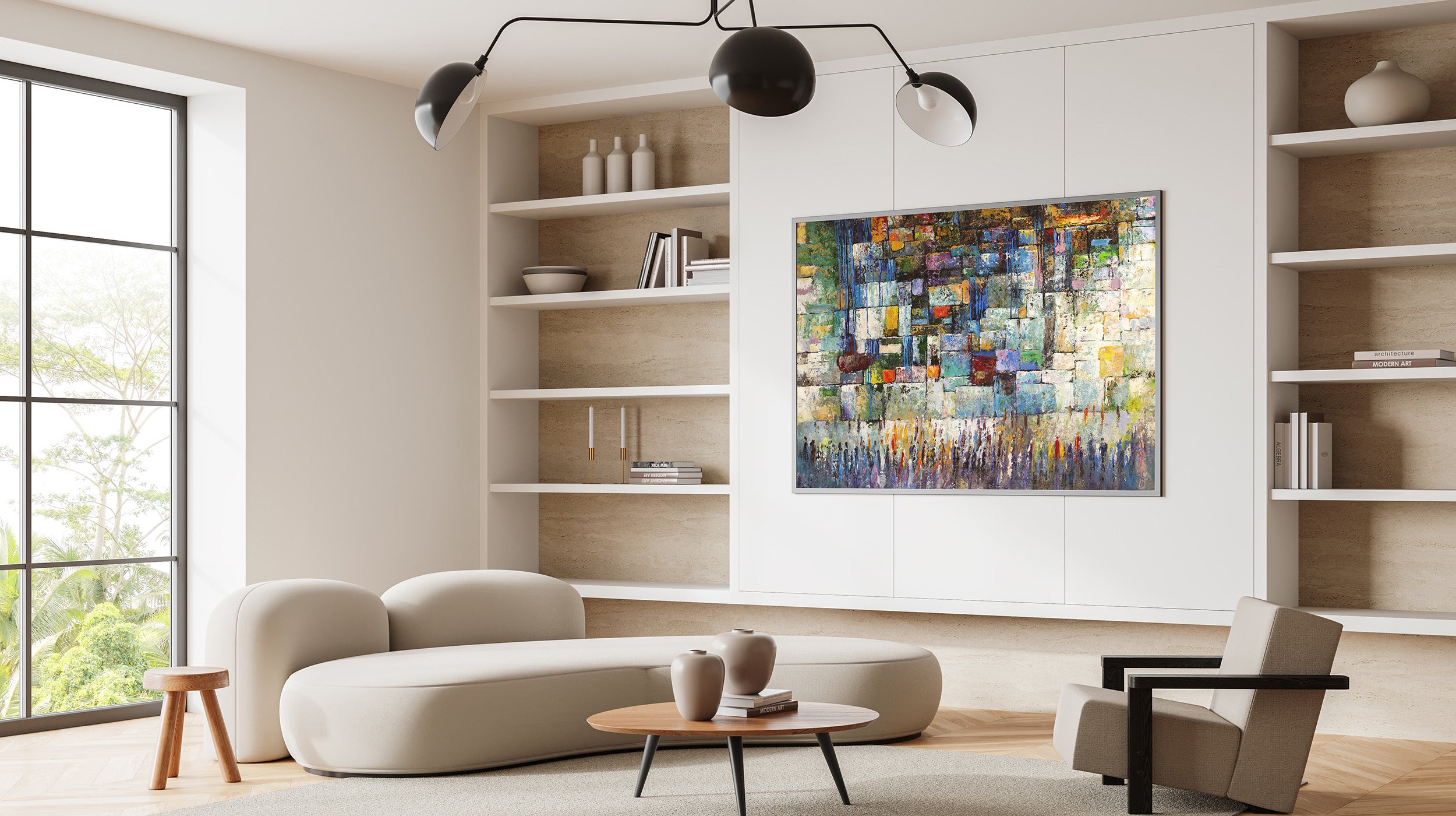 Framed Jewish art painting of the Western Wall showcased in a minimalist modern interior with built-in shelving