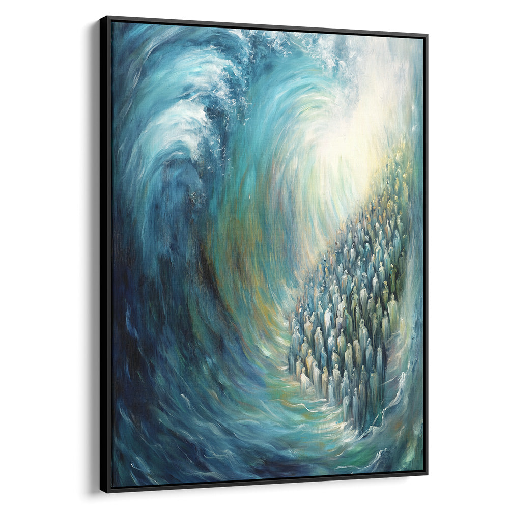 Contemporary Jewish artwork depicting the Red Sea crossing, perfect for Hebrew wall decor and religious Judaica prints.