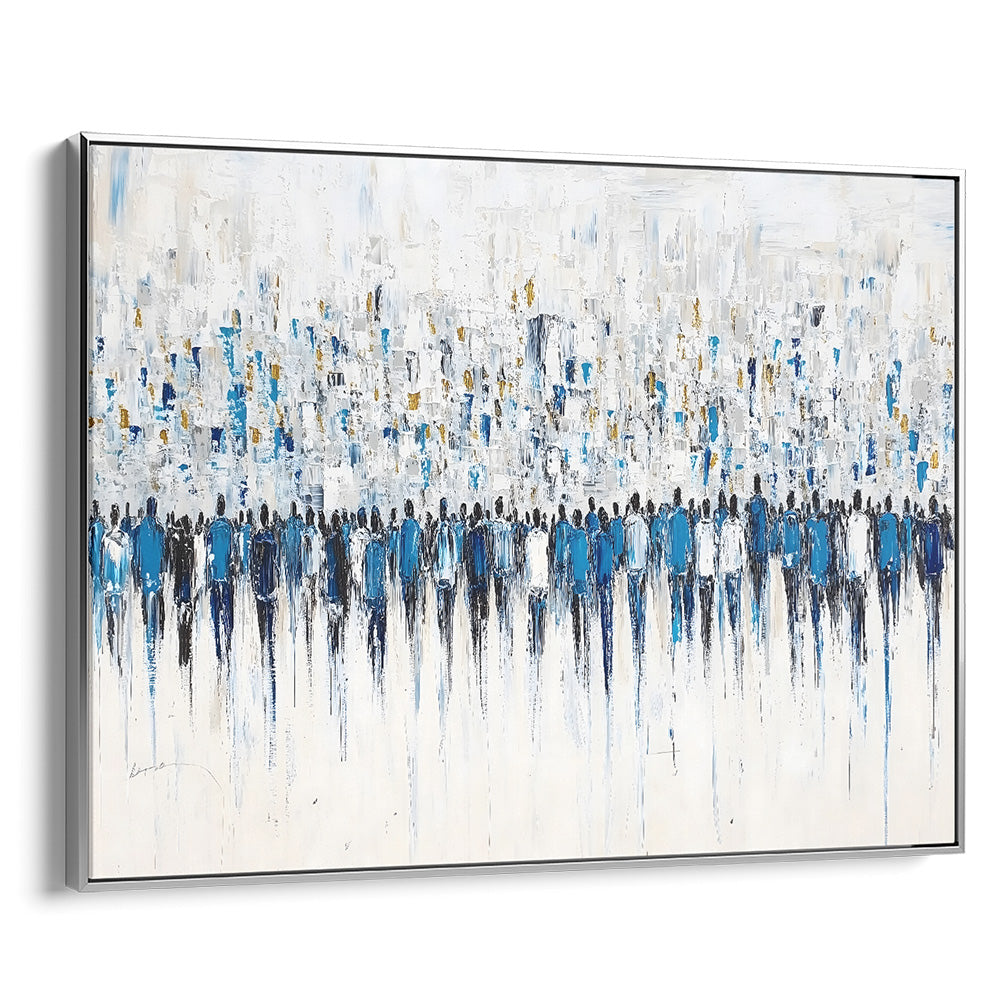 Abstract contemporary Jewish artwork depicting the Kotel with blue and white figures in a silver frame.