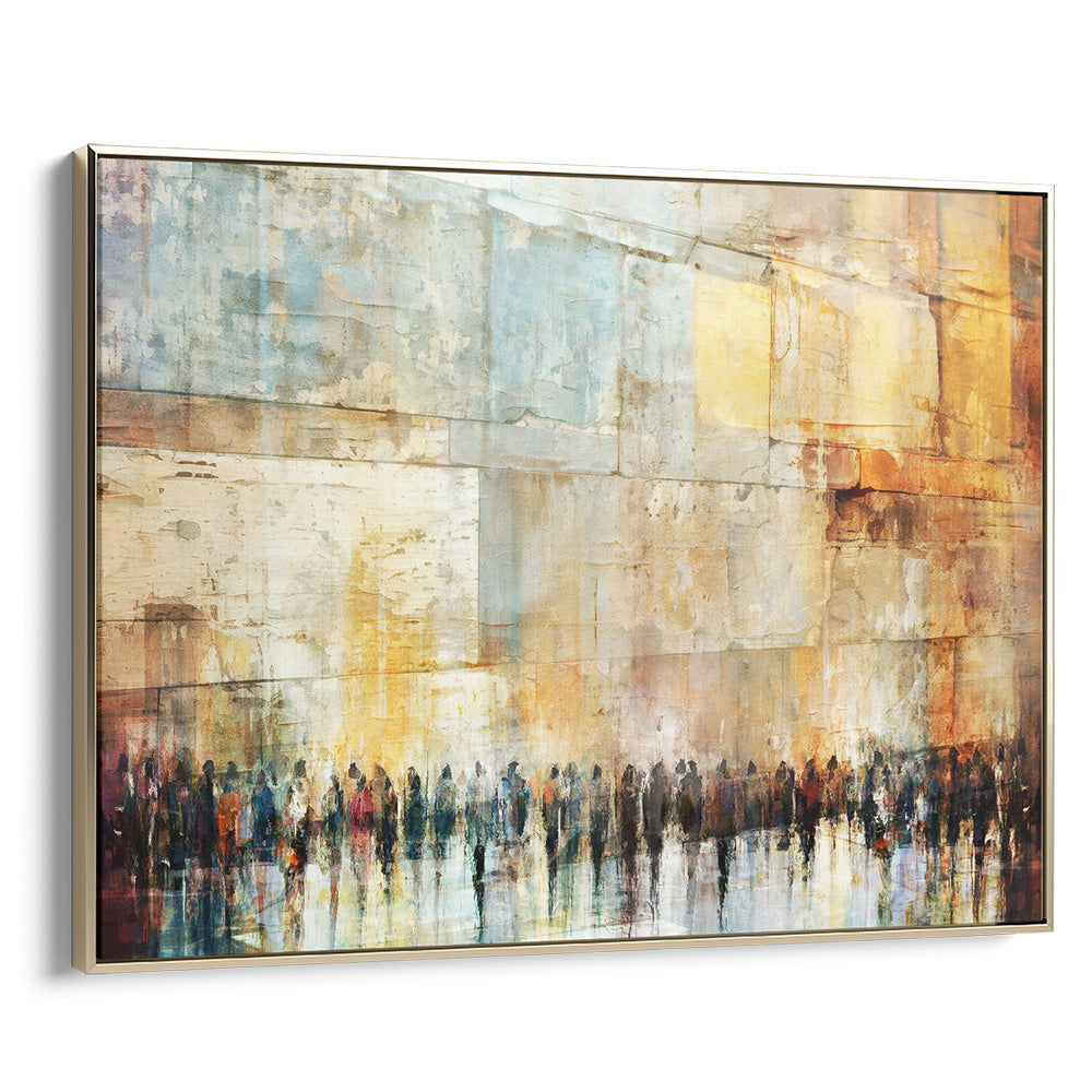 Contemporary Jewish wall art by Avigdor Ben-Ari in gold frame, abstract religious-themed decor.