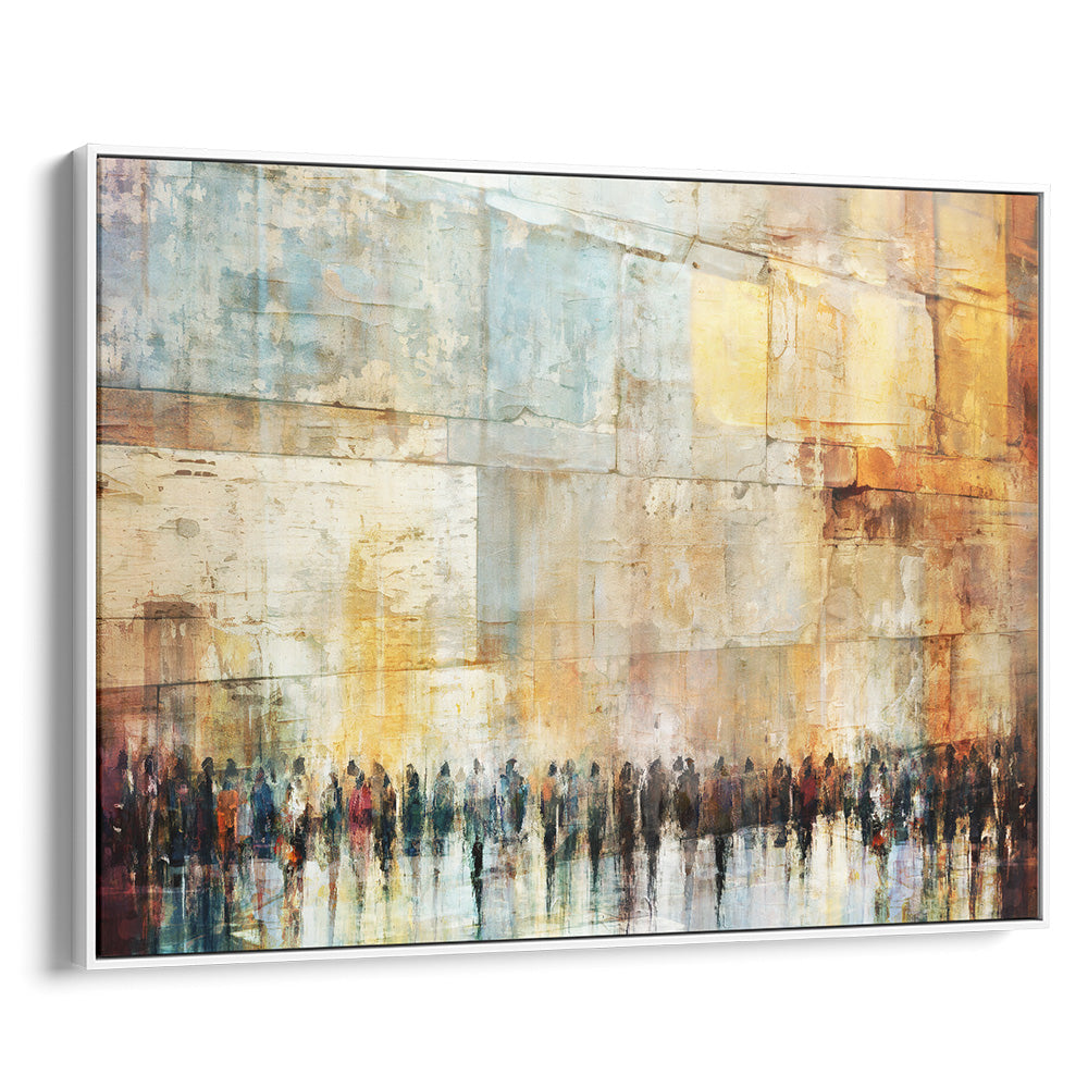 Contemporary Jewish wall art by Avigdor Ben-Ari, featuring abstract figures and vibrant colors in a white frame.