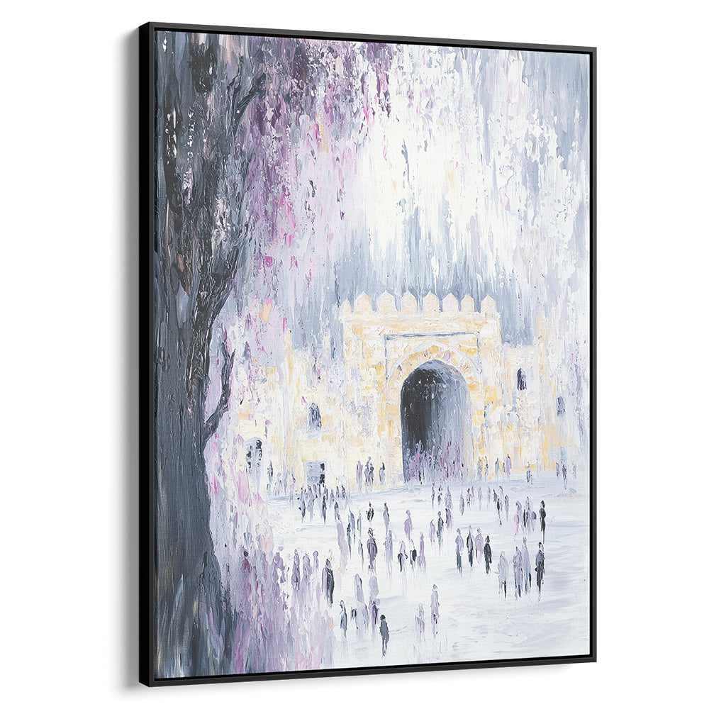 Contemporary Jewish wall art depicting Rachel's Tomb with a textured, ethereal painting style and black frame.
