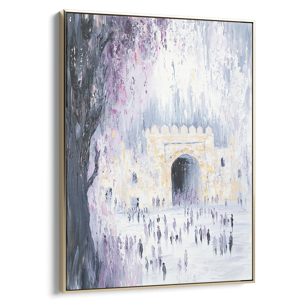 Contemporary Jewish wall art featuring Rachel's Tomb, in a gold frame, blending religious and artistic themes.