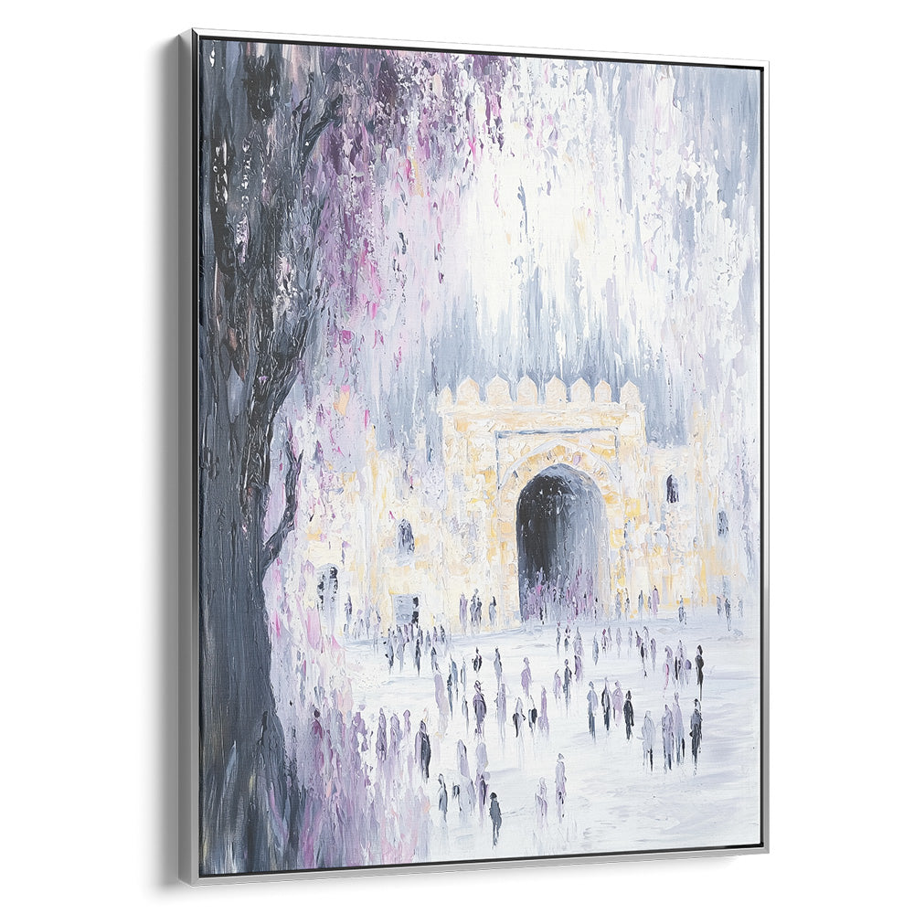 Contemporary Jewish wall art depicting Rachel's Tomb with abstract figures and serene hues, silver frame included.
