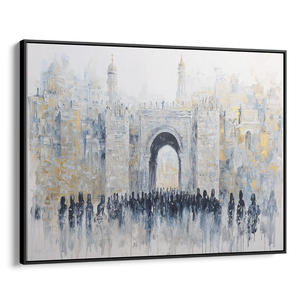 Gate of Legacy painting featuring Jaffa Gate, contemporary Jewish artwork, ideal for Hebrew wall decor.