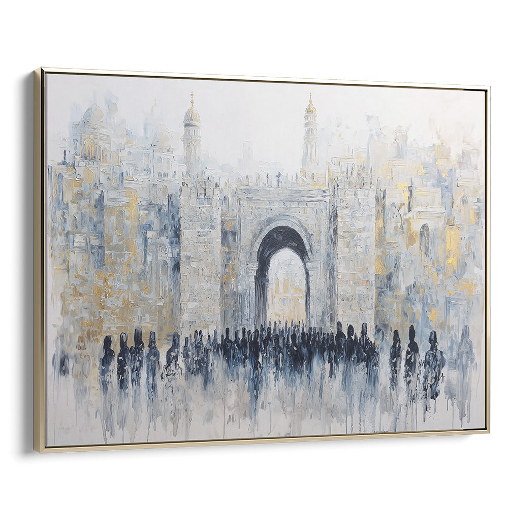 Contemporary Jewish artwork of Jaffa Gate in gold frame, ideal Hebrew wall decor and religious Judaica prints.