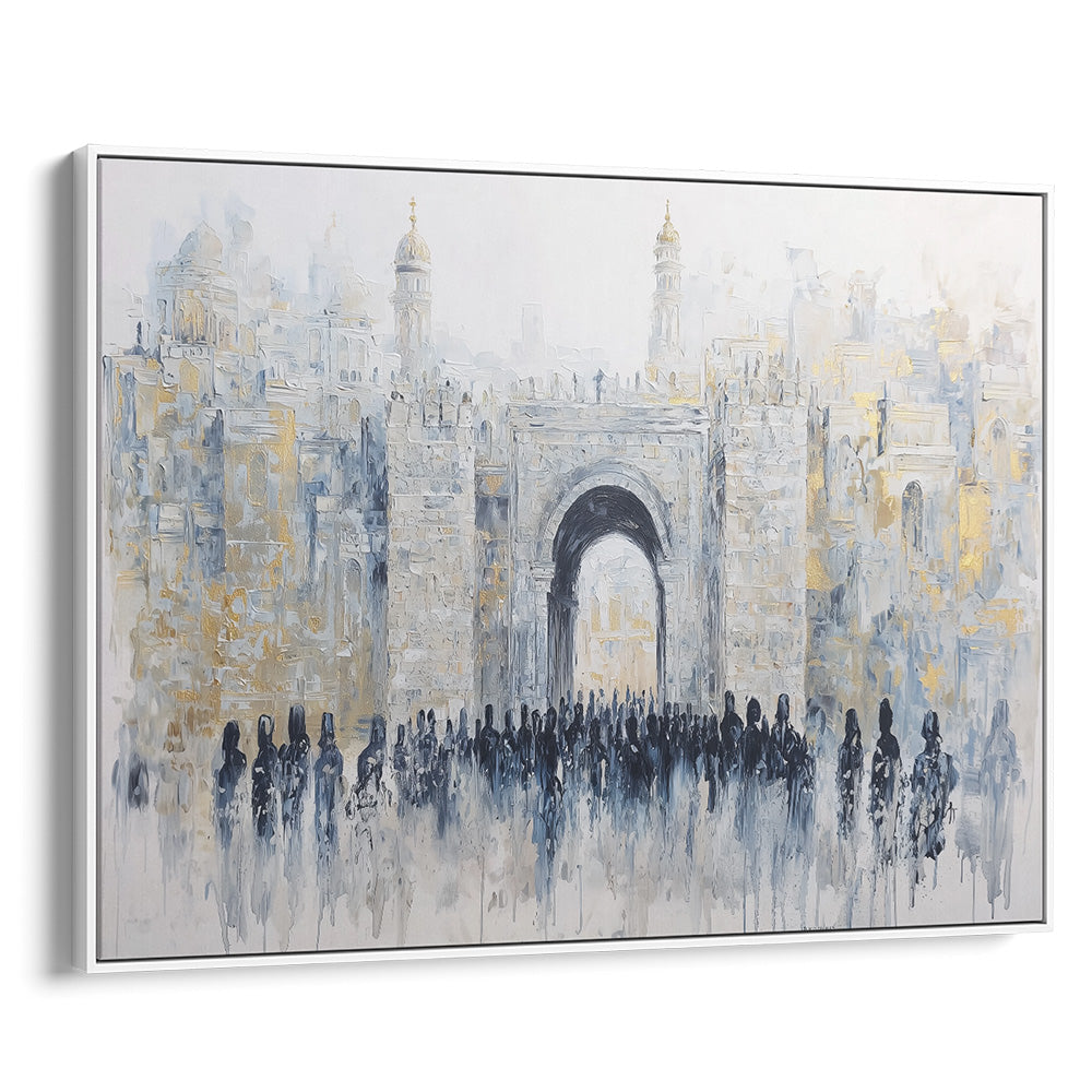 Gate of Legacy framed contemporary Jewish art print, depicting Jaffa Gate with abstract figures and historic architecture.