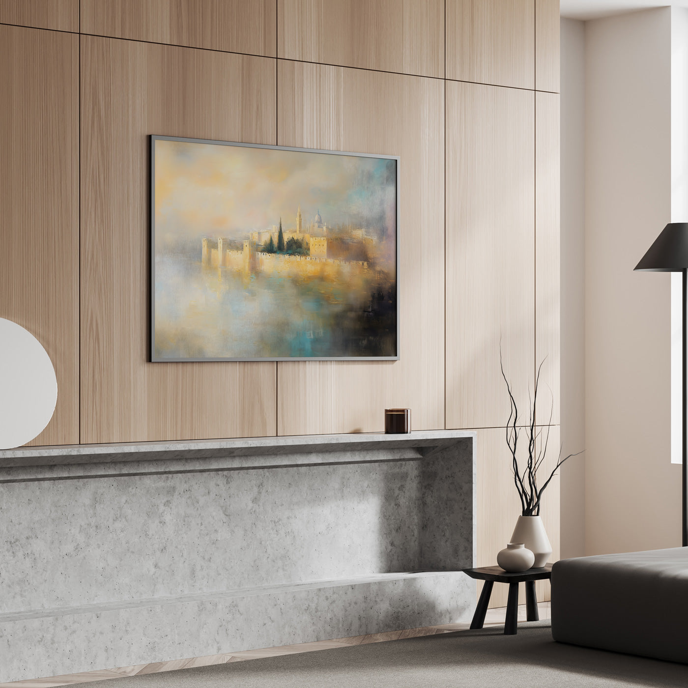 Jerusalem Eternal impressionist painting in modern living room, featuring contemporary Jewish art and religious Judaica prints.