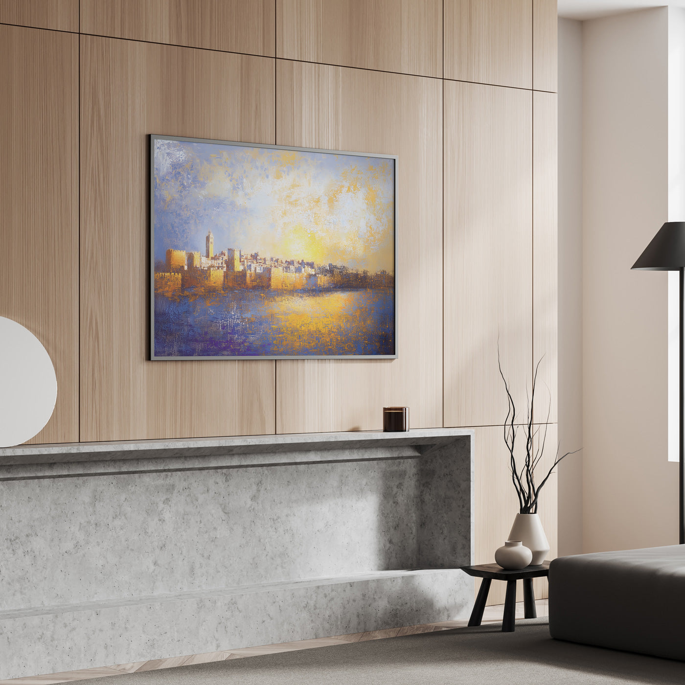 "Jerusalem of Gold abstract painting, contemporary Jewish art, ideal Hebrew wall decor, religious Judaica print."