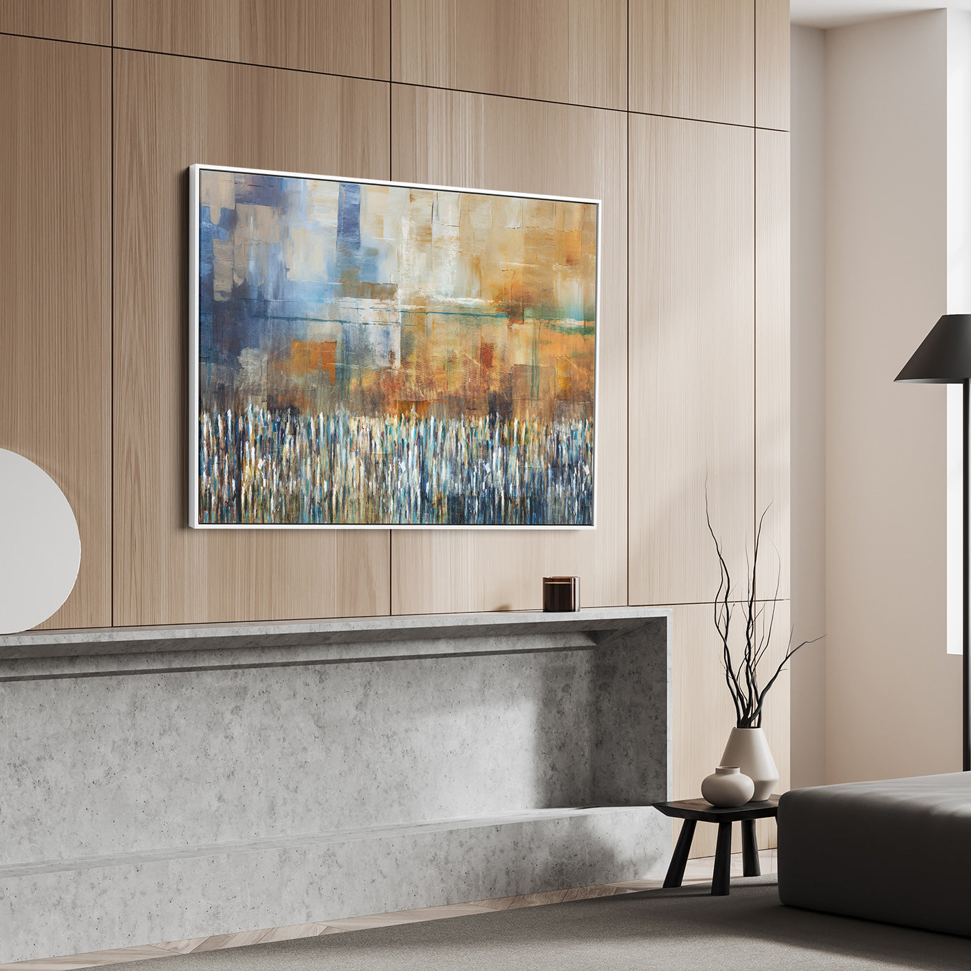 Earthy abstract art by Avigdor Ben-Ari, inspired by Western Wall, enhances Jewish-themed home decor.