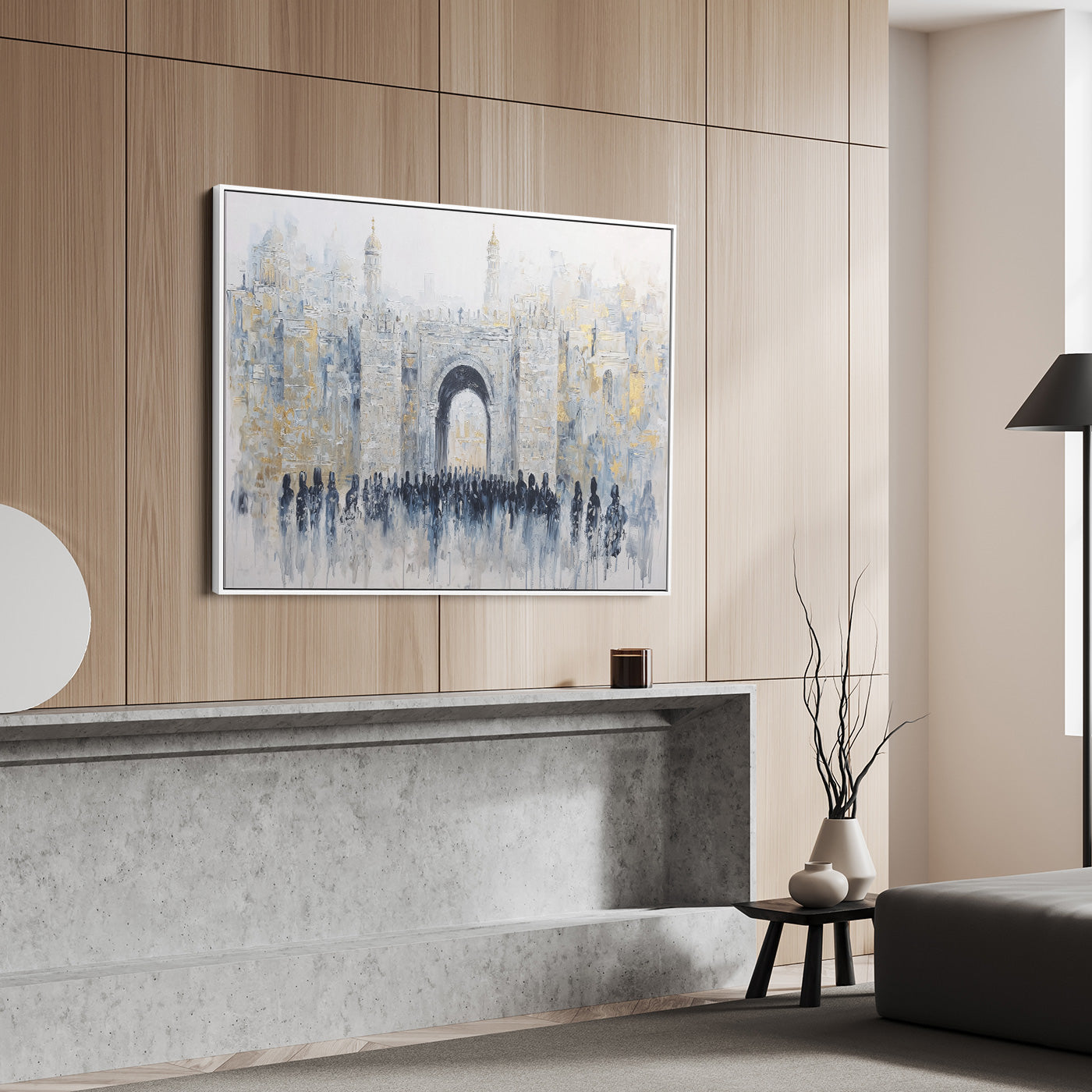 "Gate of Legacy Jewish art print on modern wall, featuring Jaffa Gate in contemporary Judaica style."