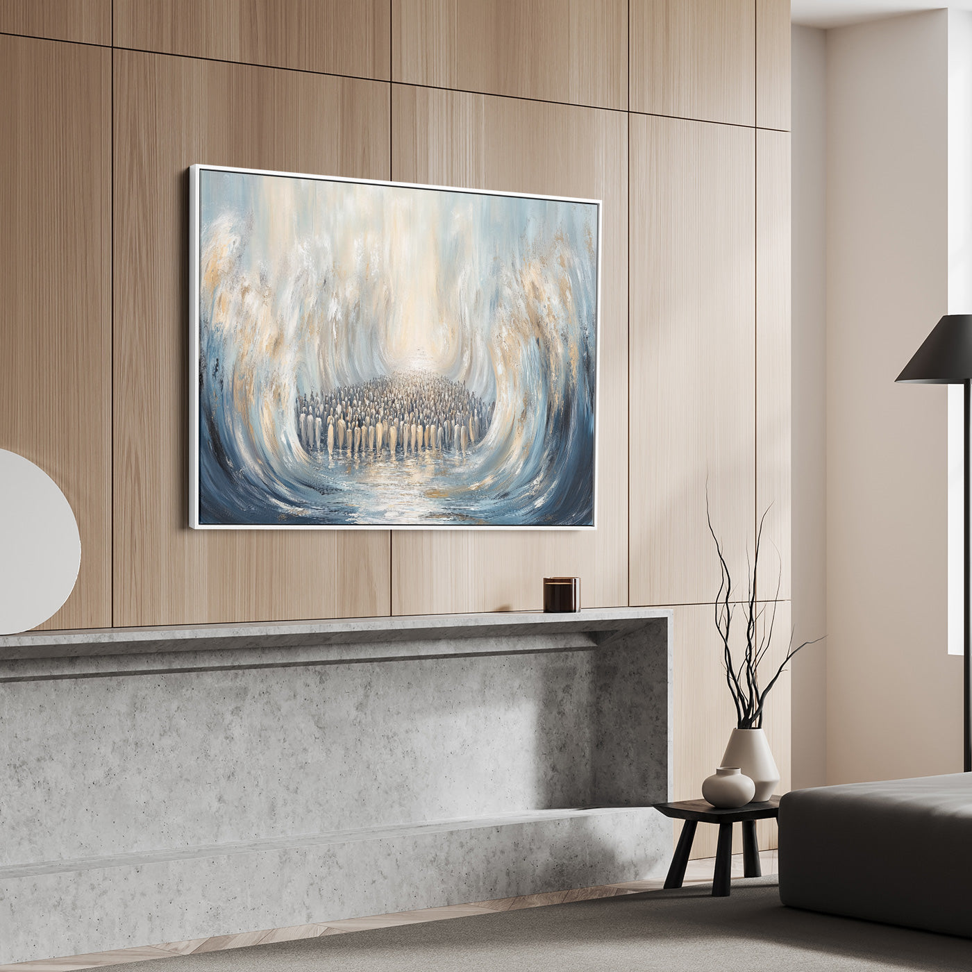 Contemporary Jewish artwork depicting the Red Sea crossing, ideal Hebrew wall decor and religious Judaica prints.