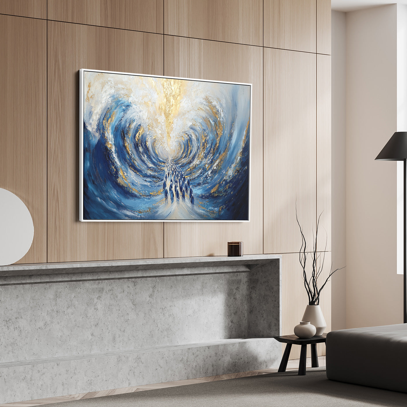 Contemporary Jewish art depicting the Red Sea miracle, vibrant Hebrew wall decor, religious Judaica print.