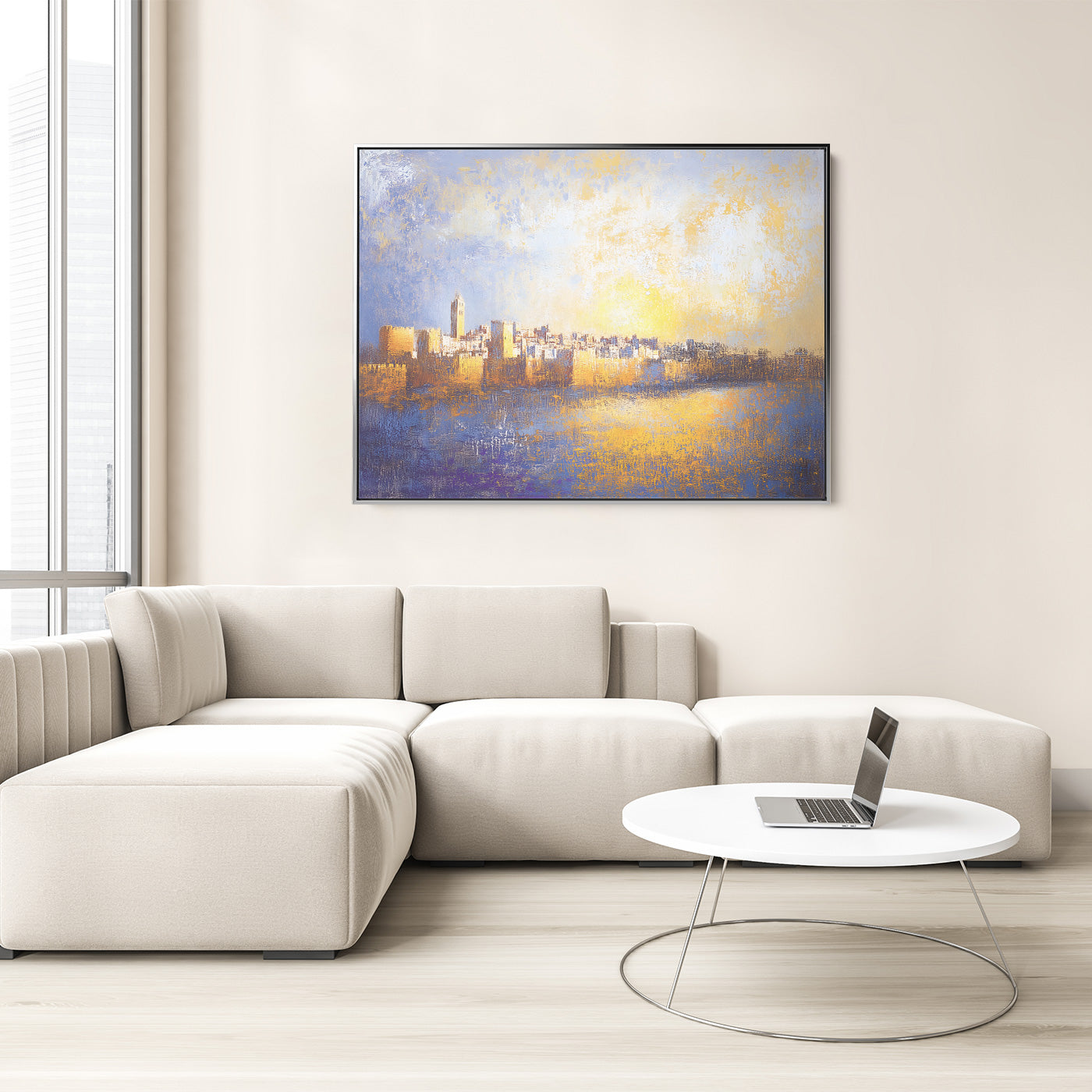 Contemporary Jewish artwork titled "Jerusalem of Gold" as Hebrew wall decor in a modern living room.