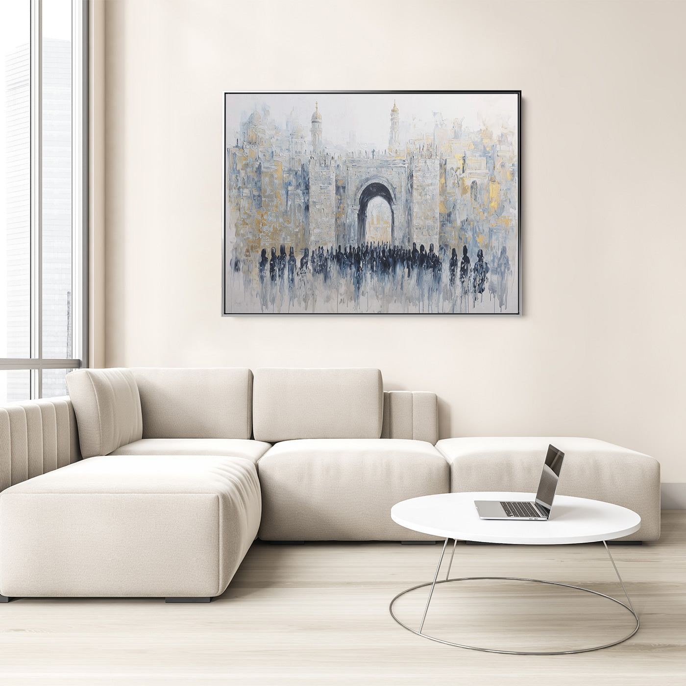 Contemporary Jewish art of Jaffa Gate wall decor in elegant living room setting, highlighting religious Judaica prints.