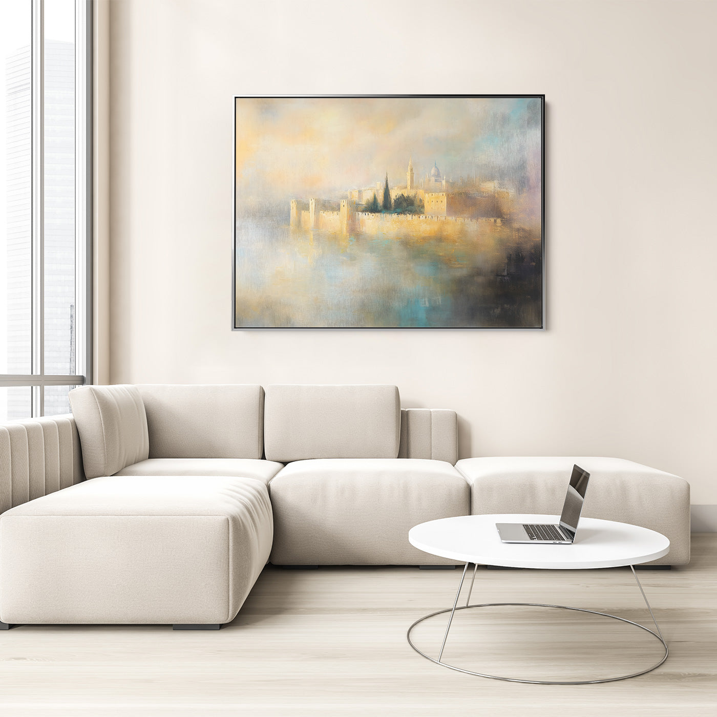 Jerusalem Eternal painting in a modern living room, showcasing contemporary Jewish art and Hebrew wall decor.